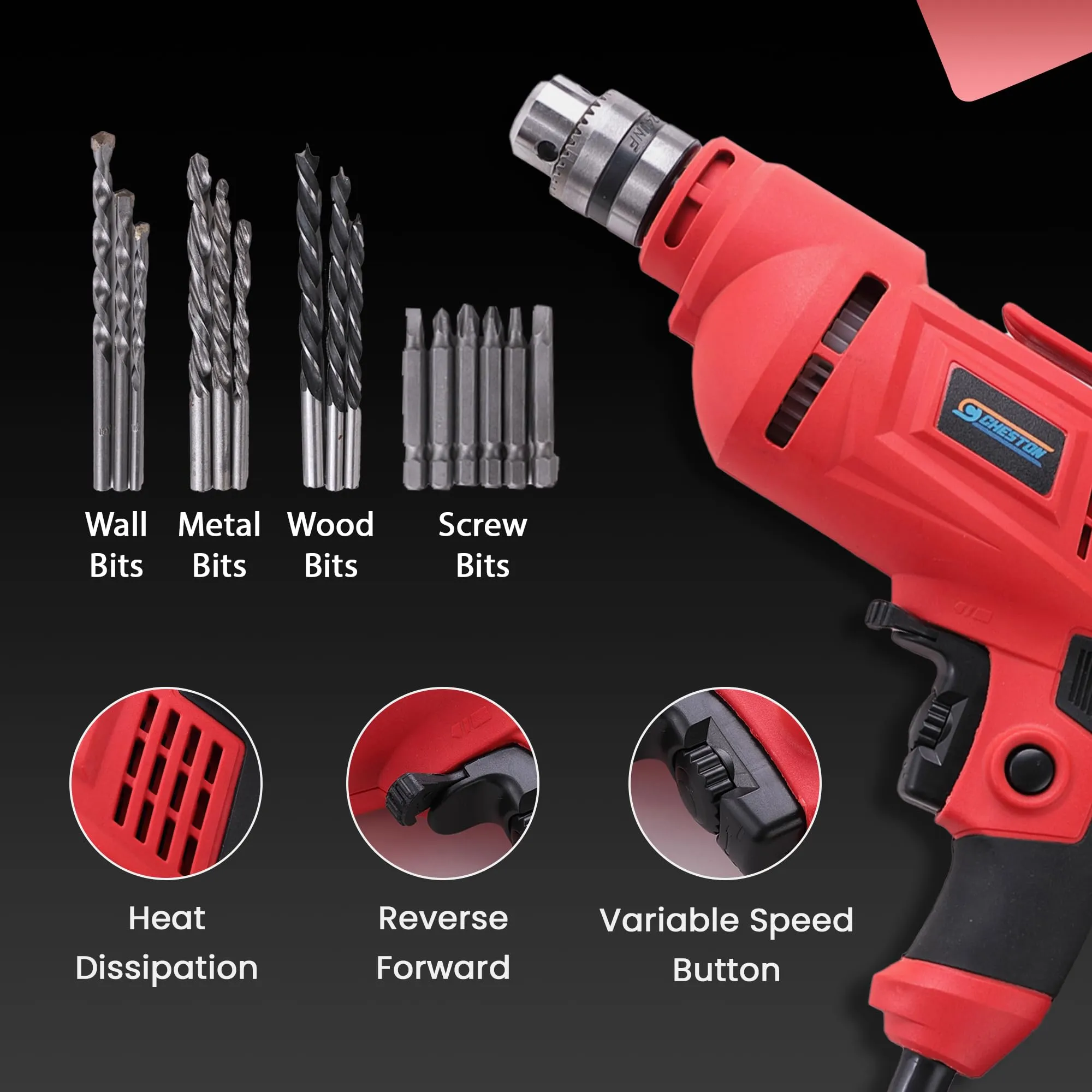 Cheston 10mm Drill Machine for Home Use | 750W 10mm Chuck 2200RPM Variable Speed | Reversible Drill Kit |Drill Kit Set with Accessories 3 Wall Bit, 3 Wood Bit, 3 Metal Bits   6 Drill Bit Set Included