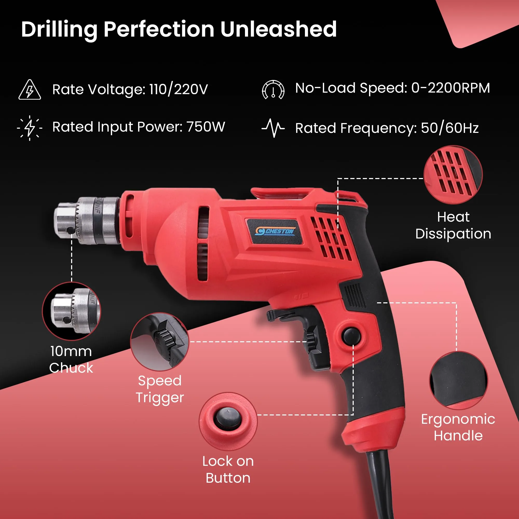 Cheston 10mm Drill Machine for Home Use | 750W 10mm Chuck 2200RPM Variable Speed | Reversible Drill Kit |Drill Kit Set with Accessories 3 Wall Bit, 3 Wood Bit, 3 Metal Bits   6 Drill Bit Set Included