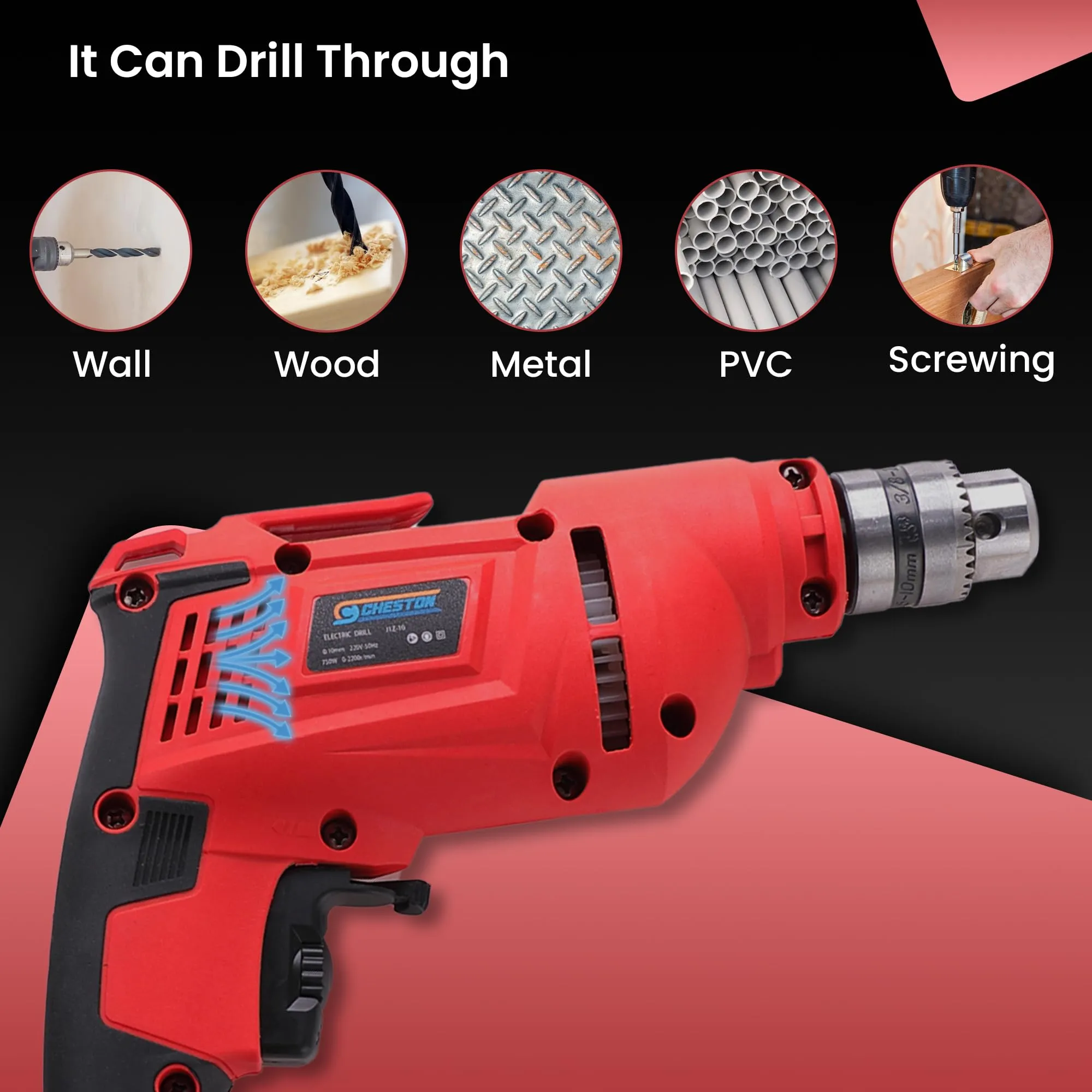 Cheston 10mm Drill Machine for Home Use | 750W 10mm Chuck 2200RPM Variable Speed | Reversible Drill Kit |Drill Kit Set with Accessories 3 Wall Bit, 3 Wood Bit, 3 Metal Bits   6 Drill Bit Set Included