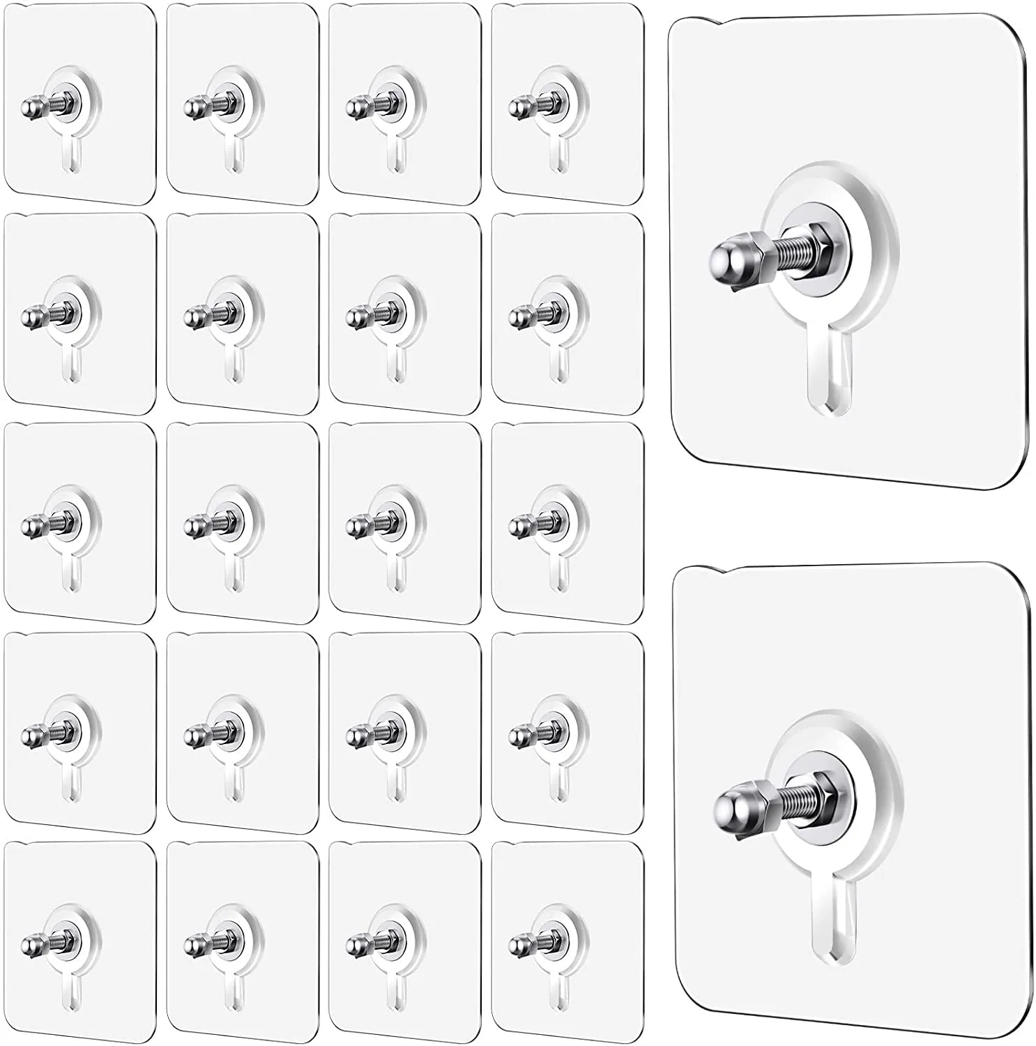 Chillyfit wall hooks for hanging strong, 20 Pack Screw Hooks Adhesive Hooks for Wall Heavy Duty, self Adhesive Hook, Wall hangings, Sticky Photo Frame Hangers,Stainless Steel, Transparent