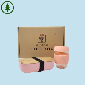 Christmas Eco-Friendly Gift Box - Blush Lunch Box &  Reusable Glass Coffee Cup Set