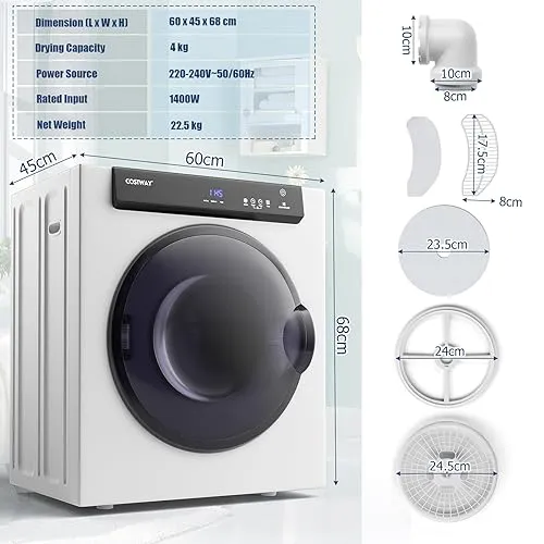 COSTWAY 4KG Vented Tumble Dryer, 1400W Freestanding Front Tumble Dryer (New)