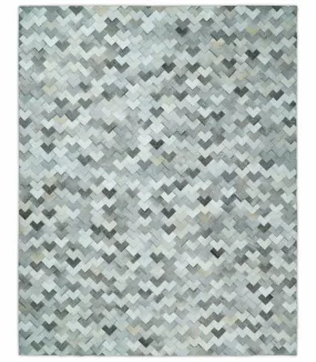 Custom Made Ivory and Gray Leather Rug | Hairon Genuine Leather, Cowhide rug, Chevron Tile Geometric Rug