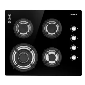 Devanti Gas Cooktop 60cm 4 Burner Glass Cook Top Cooker Stove Hob NG LPG Black