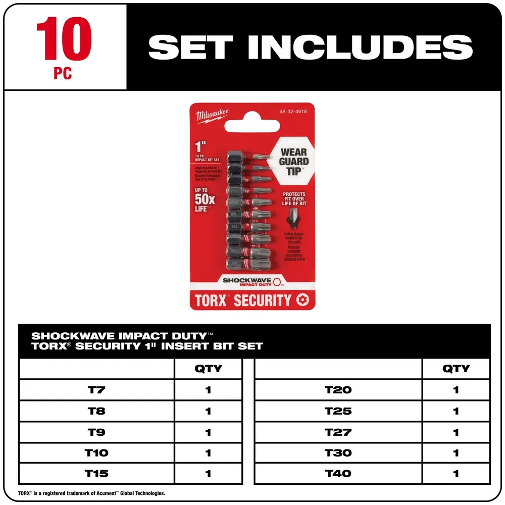 Drill Bits - Milwaukee SHOCKWAVE™ Torx® Security Insert Bit Set - 10PC, 48-32-4618