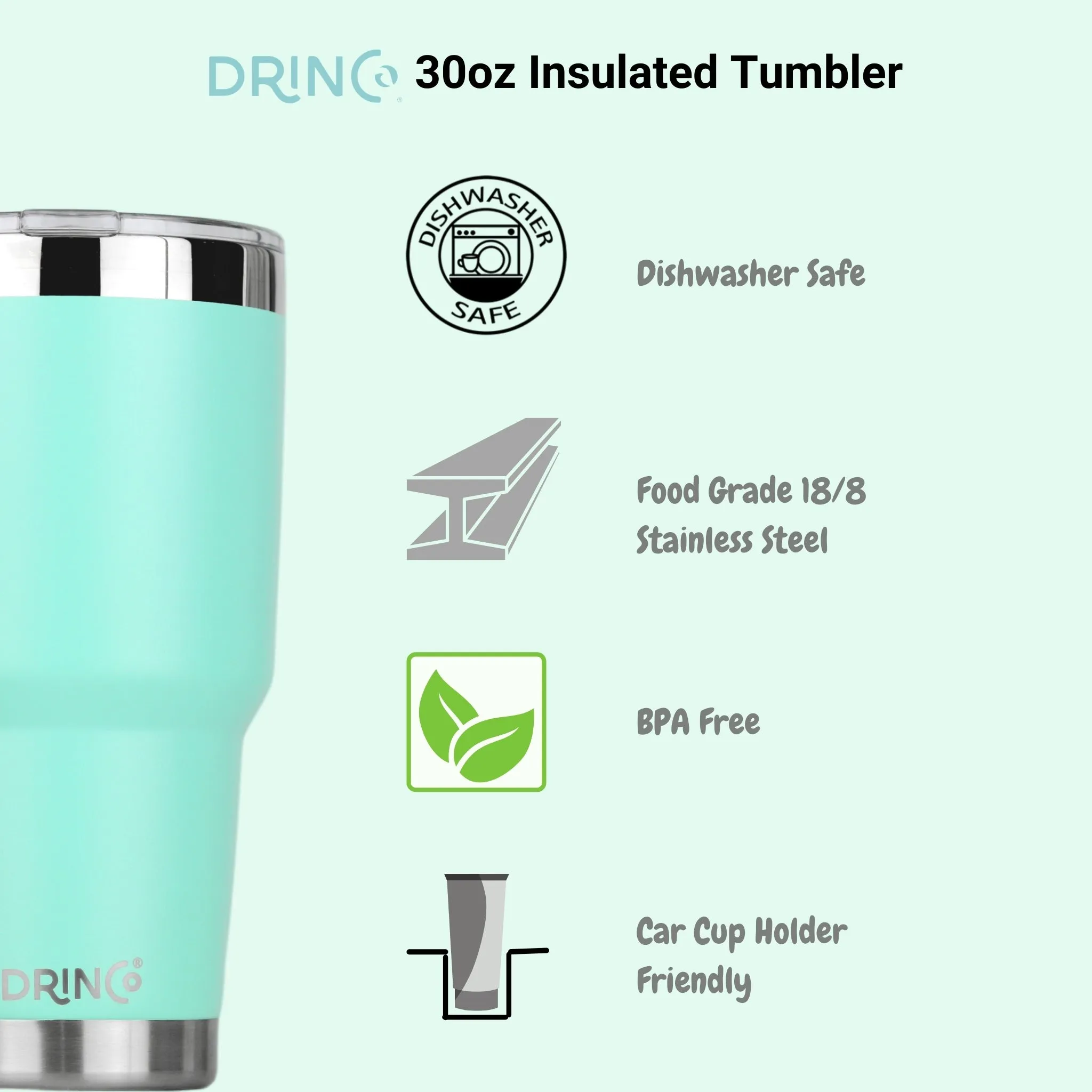 DRINCO® 30oz Insulated Tumbler Spill Proof Lid w/2 Straws - Teal