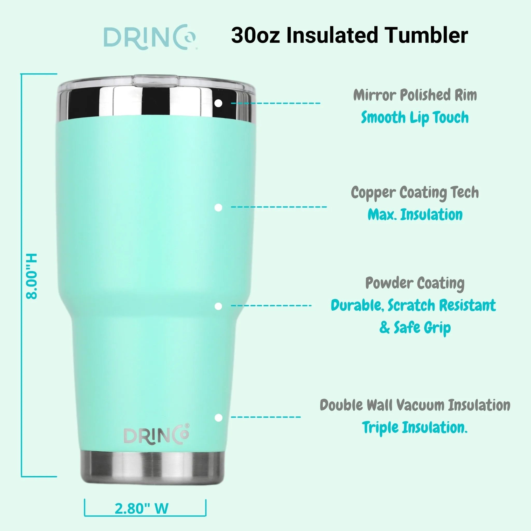 DRINCO® 30oz Insulated Tumbler Spill Proof Lid w/2 Straws - Teal