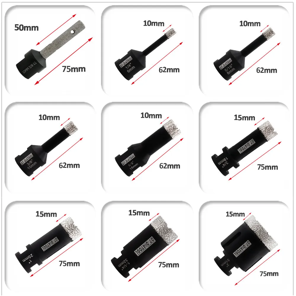 DT-DIATOOL Diamond Drilling Bits Kit with 5/8-11 Thread for Porcelain Tile Marble Granite 9pcs/box Dia 6/8/10/16/19/25/32/51mm 10mm Finger Bit