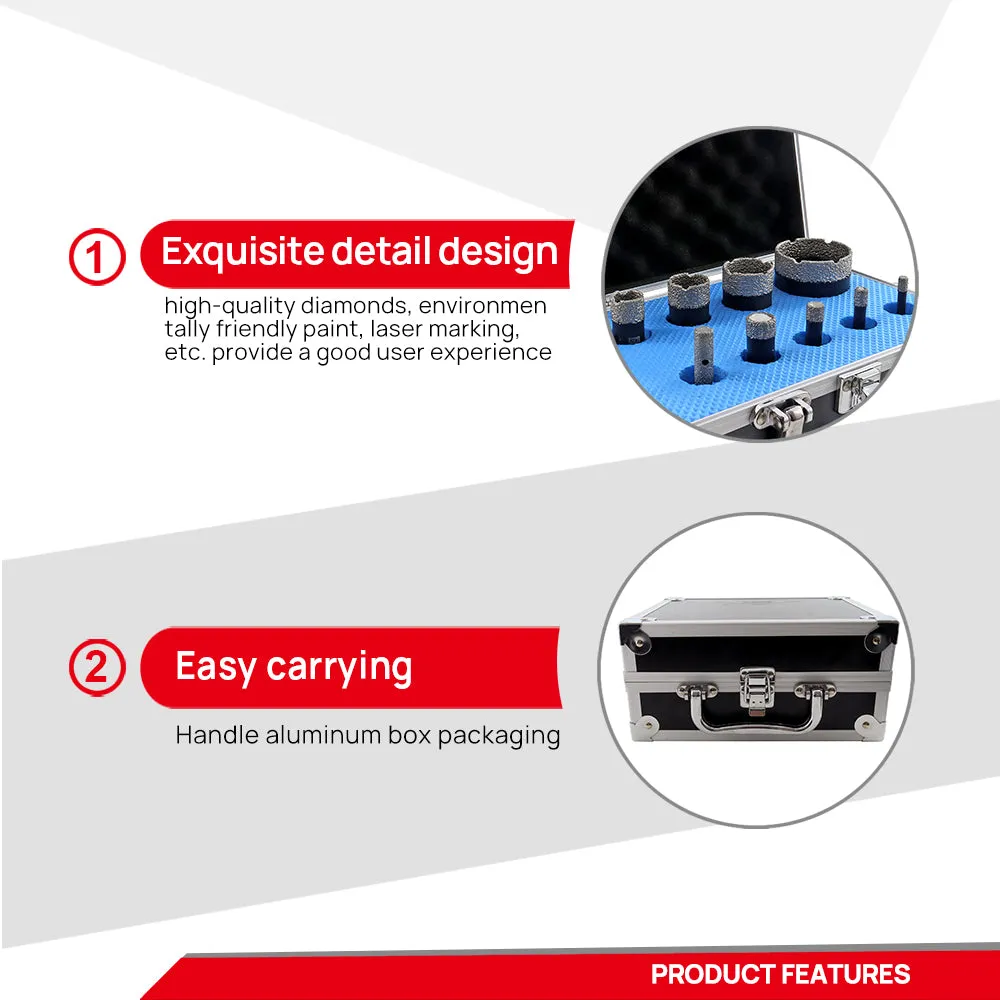 DT-DIATOOL Diamond Drilling Bits Kit with 5/8-11 Thread for Porcelain Tile Marble Granite 9pcs/box Dia 6/8/10/16/19/25/32/51mm 10mm Finger Bit