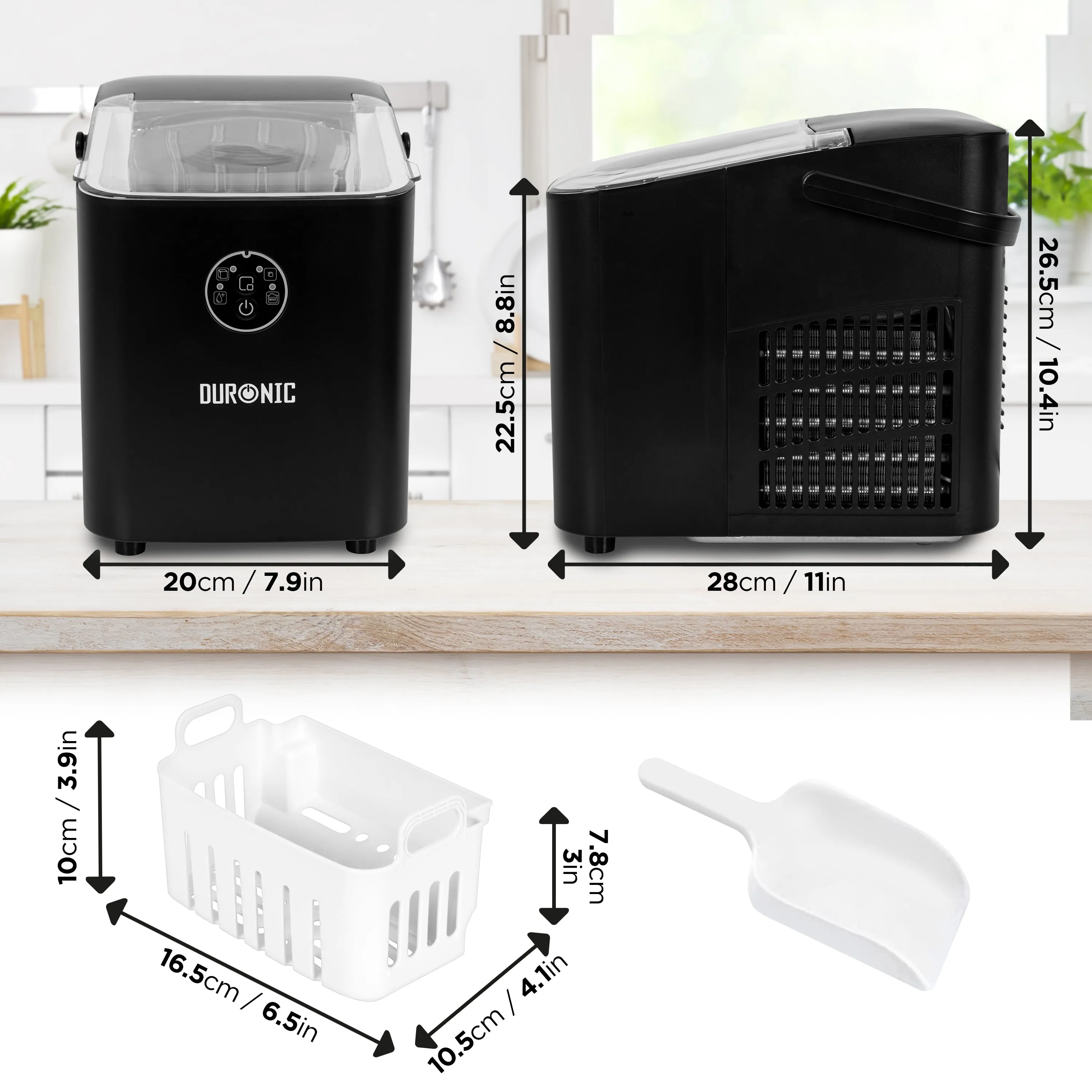 Duronic Ice Maker ICM12, Fast Clear Ice Maker Machine with 6-Min Cycle, Portable Automatic Ice Cube Maker with Ice Scoop & Basket for Home, Office, Bar, BBQ Party, RV 12KG in 24H Self-Cleaning - Black