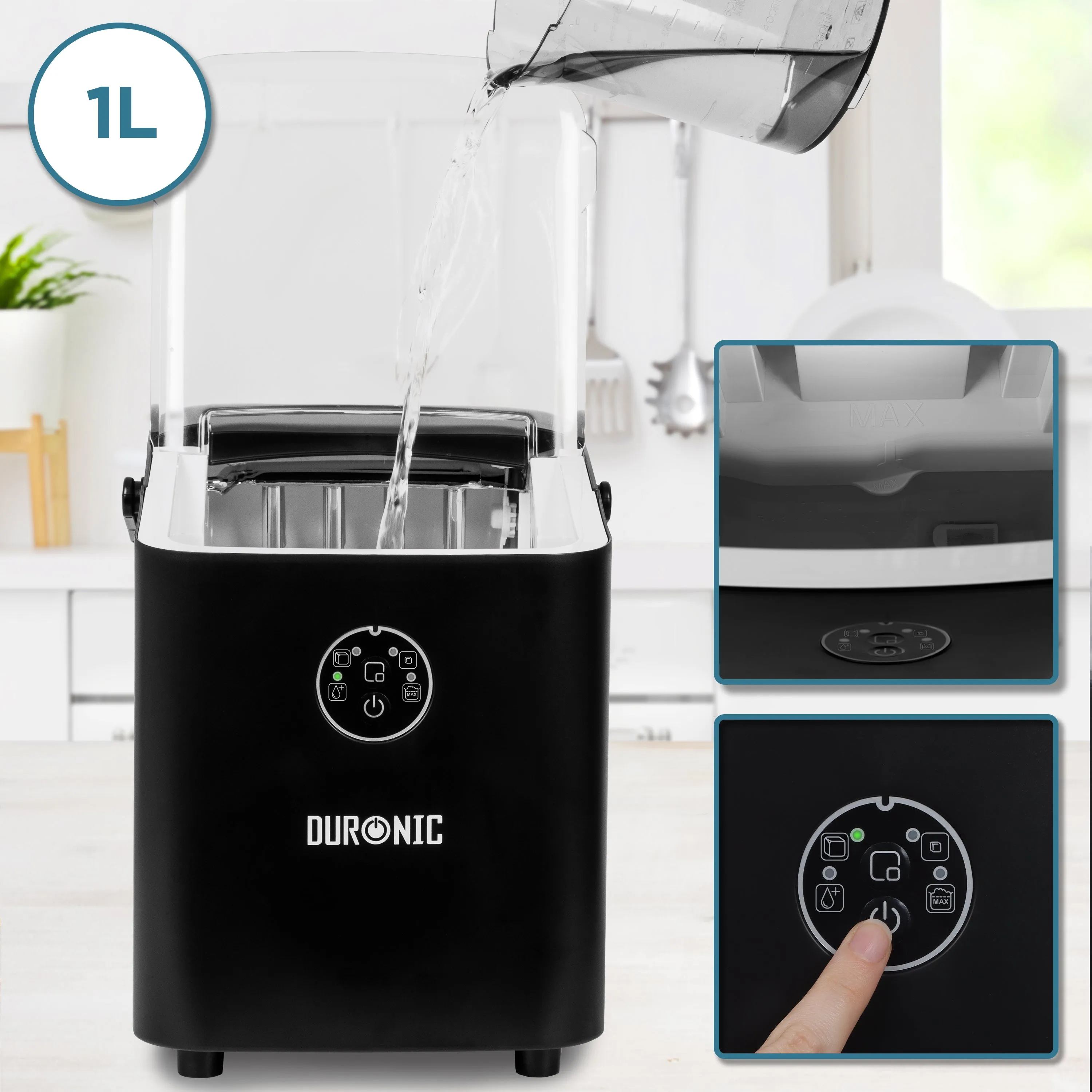 Duronic Ice Maker ICM12, Fast Clear Ice Maker Machine with 6-Min Cycle, Portable Automatic Ice Cube Maker with Ice Scoop & Basket for Home, Office, Bar, BBQ Party, RV 12KG in 24H Self-Cleaning - Black