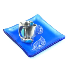 Etched Leaf Recycled Blue Glass Ring Tray Tili Glass