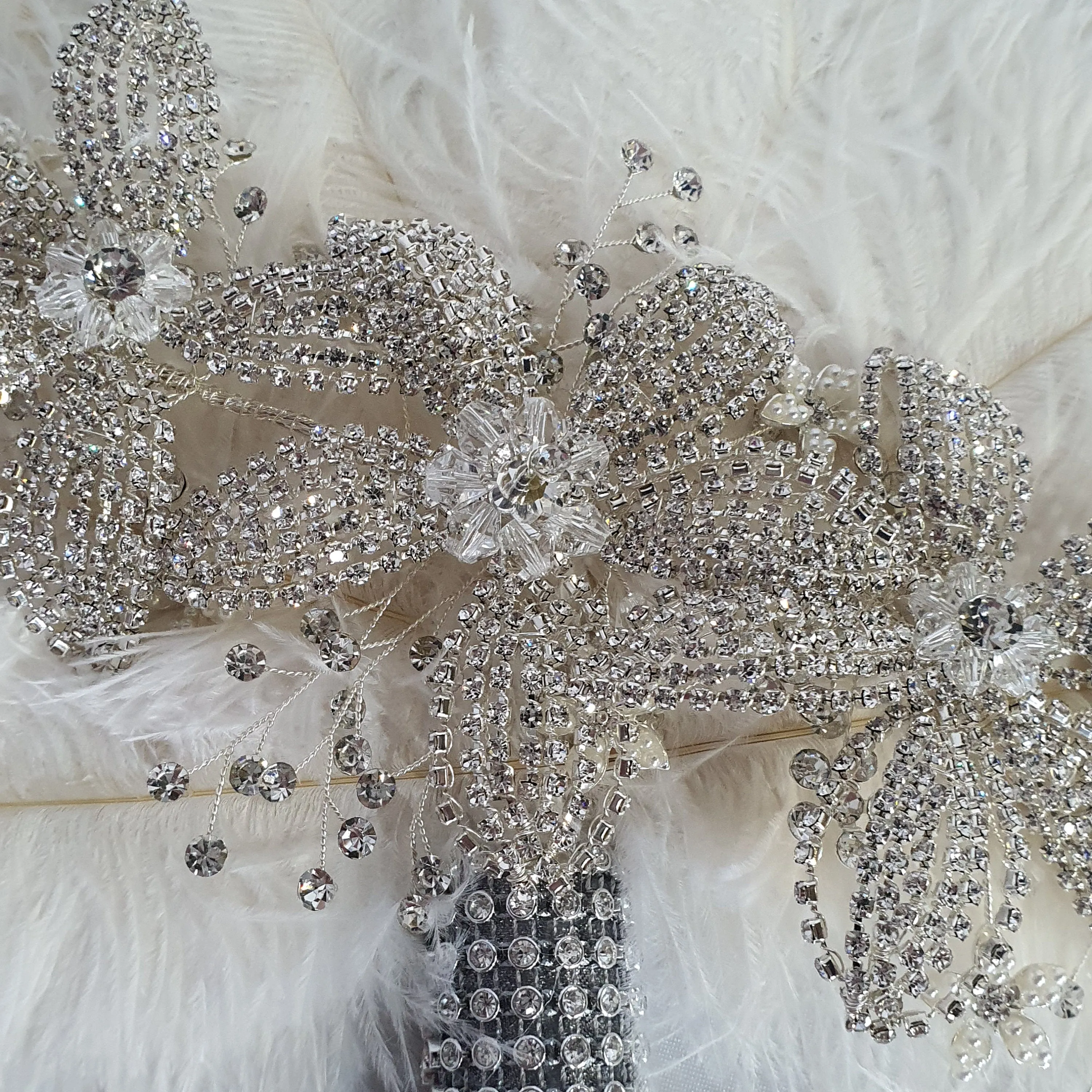 Feather fan bouquet, crystal flowers, BRIDES HAND FAN - any colour as custom made by Crystal wedding uk