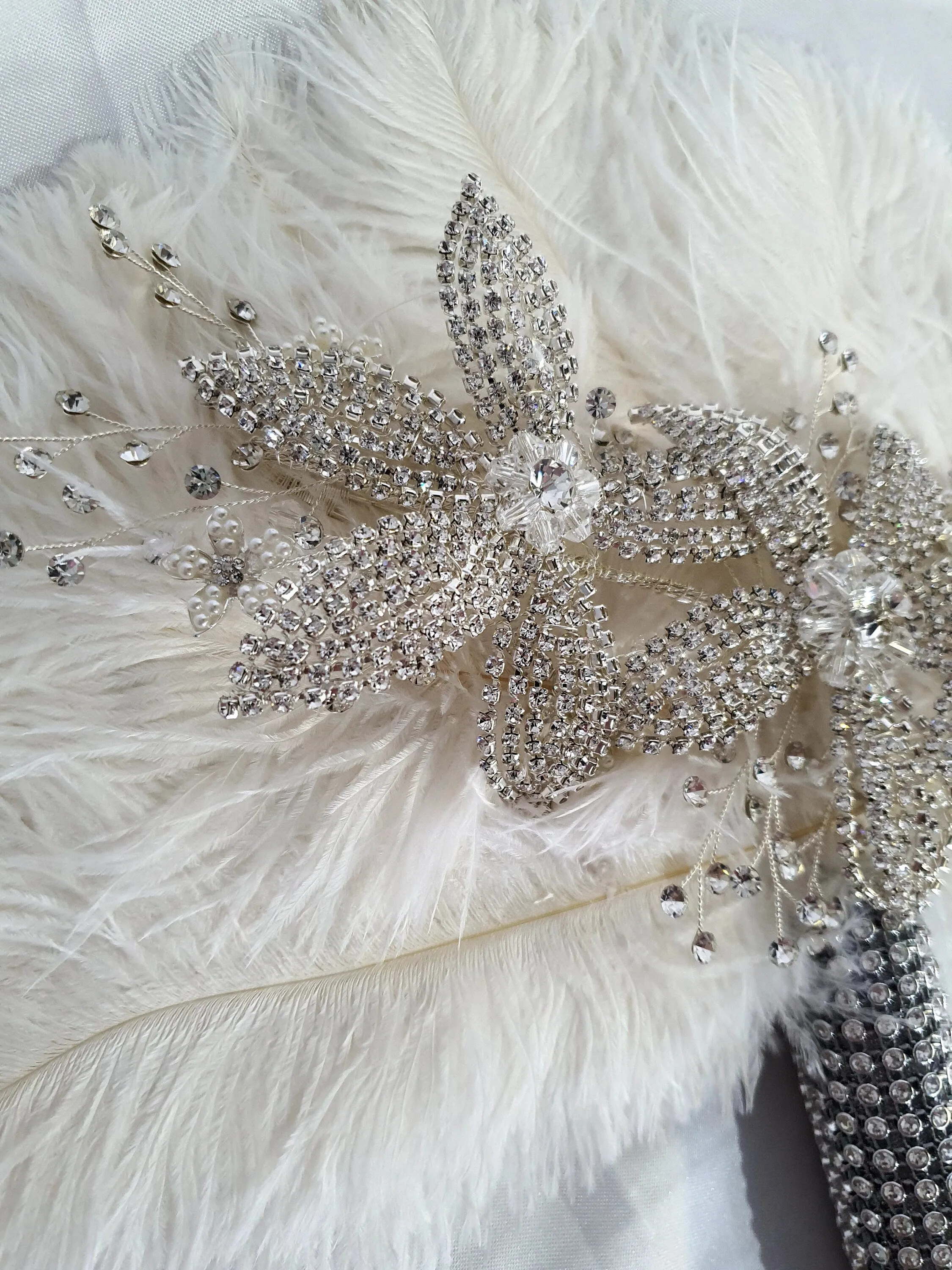 Feather fan bouquet, crystal flowers, BRIDES HAND FAN - any colour as custom made by Crystal wedding uk