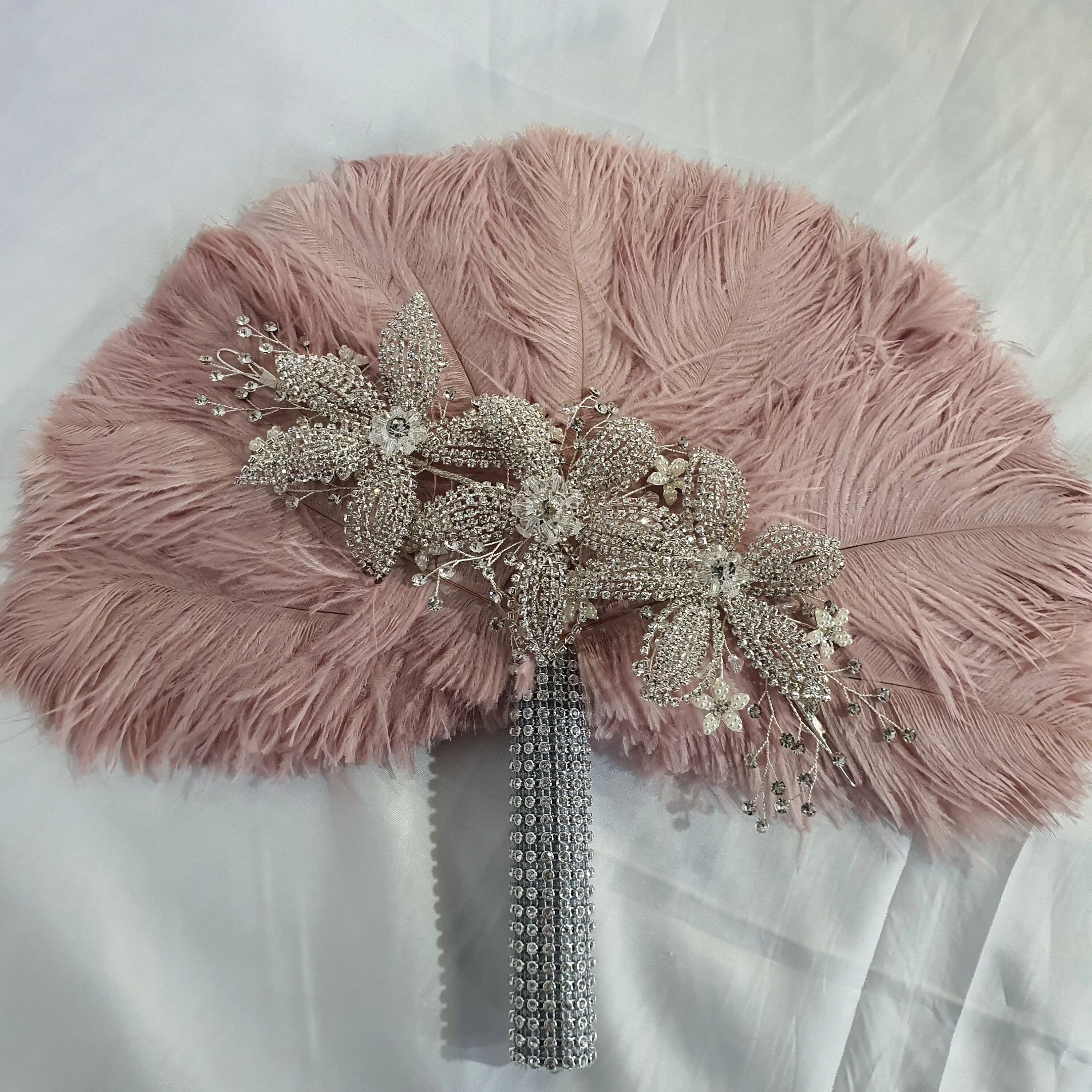 Feather fan bouquet, crystal flowers, BRIDES HAND FAN - any colour as custom made by Crystal wedding uk