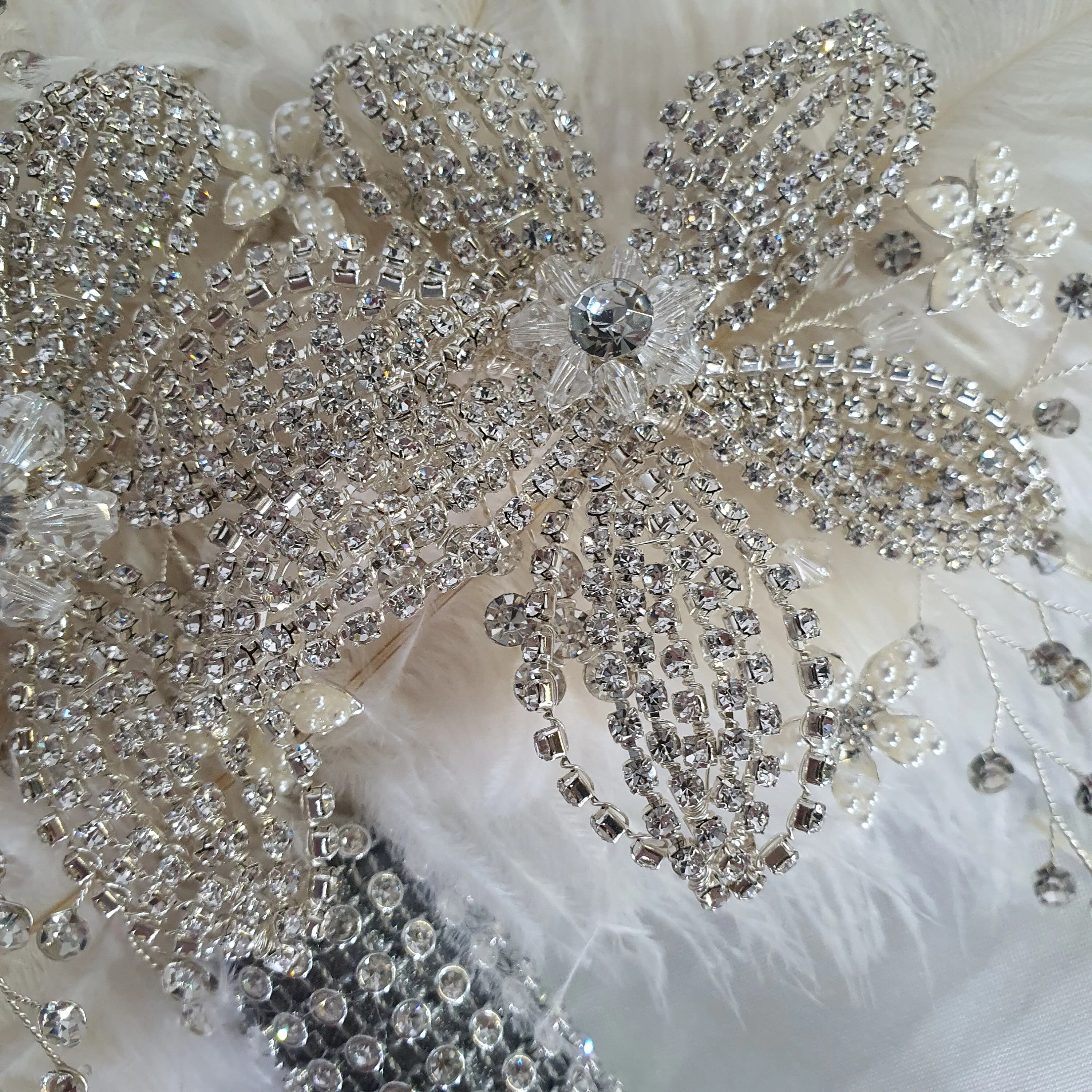 Feather fan bouquet, crystal flowers, BRIDES HAND FAN - any colour as custom made by Crystal wedding uk