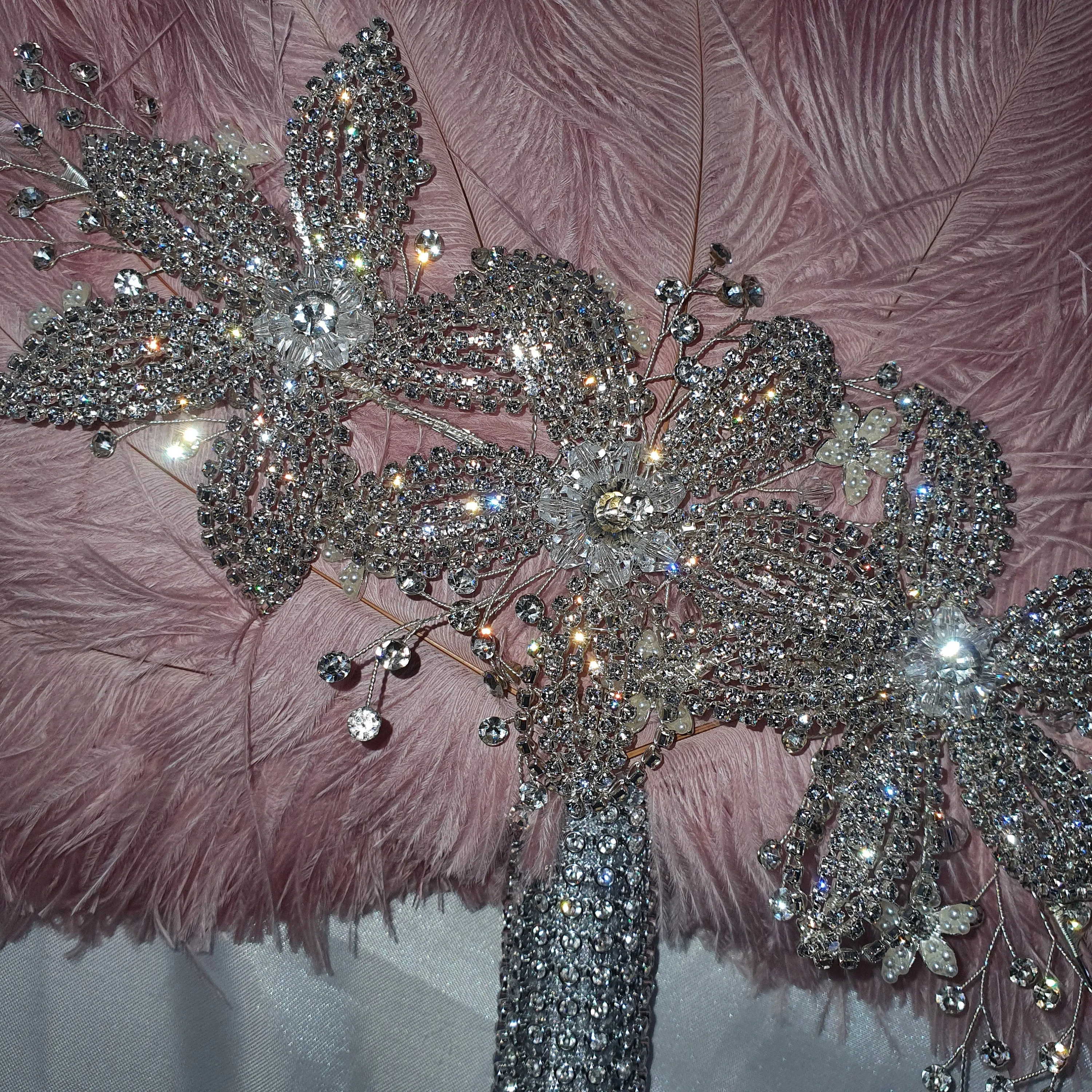 Feather fan bouquet, crystal flowers, BRIDES HAND FAN - any colour as custom made by Crystal wedding uk