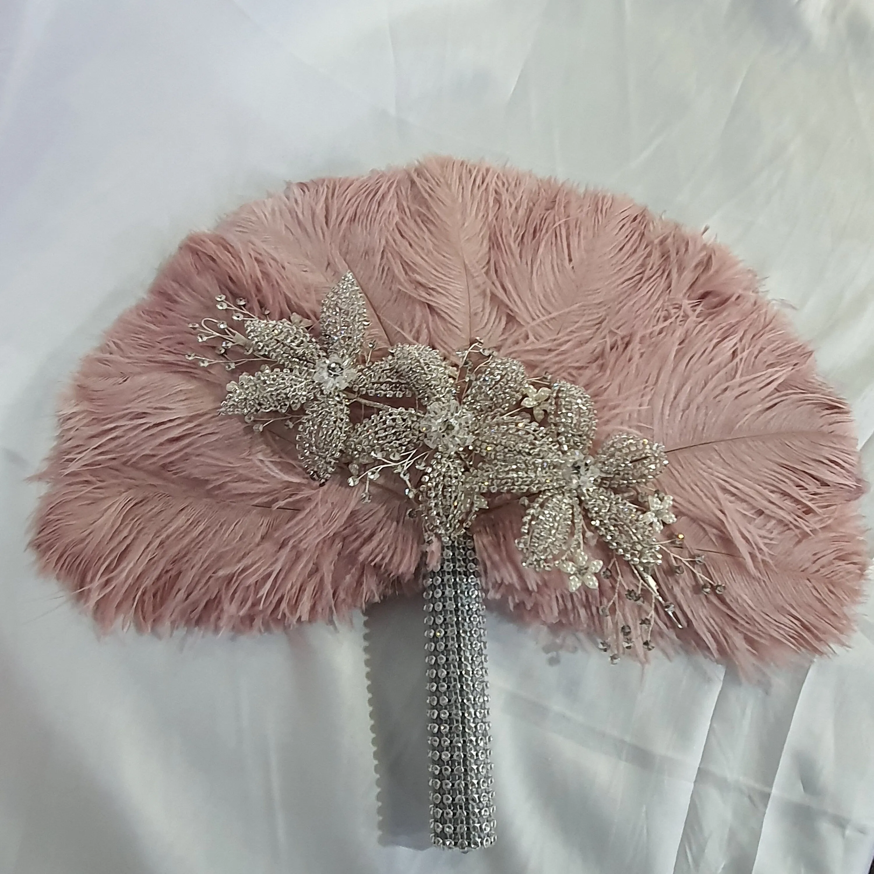 Feather fan bouquet, crystal flowers, BRIDES HAND FAN - any colour as custom made by Crystal wedding uk