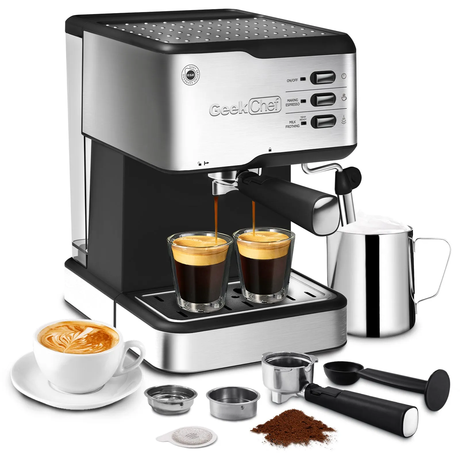 Geek Chef Espresso Machine | Espresso & Cappuccino Latte Maker 20 Bar Coffee Machine Compatible With ESE POD Capsules Filter & Milk Frother Steam Wand, 950W, 1.5L Water Tank