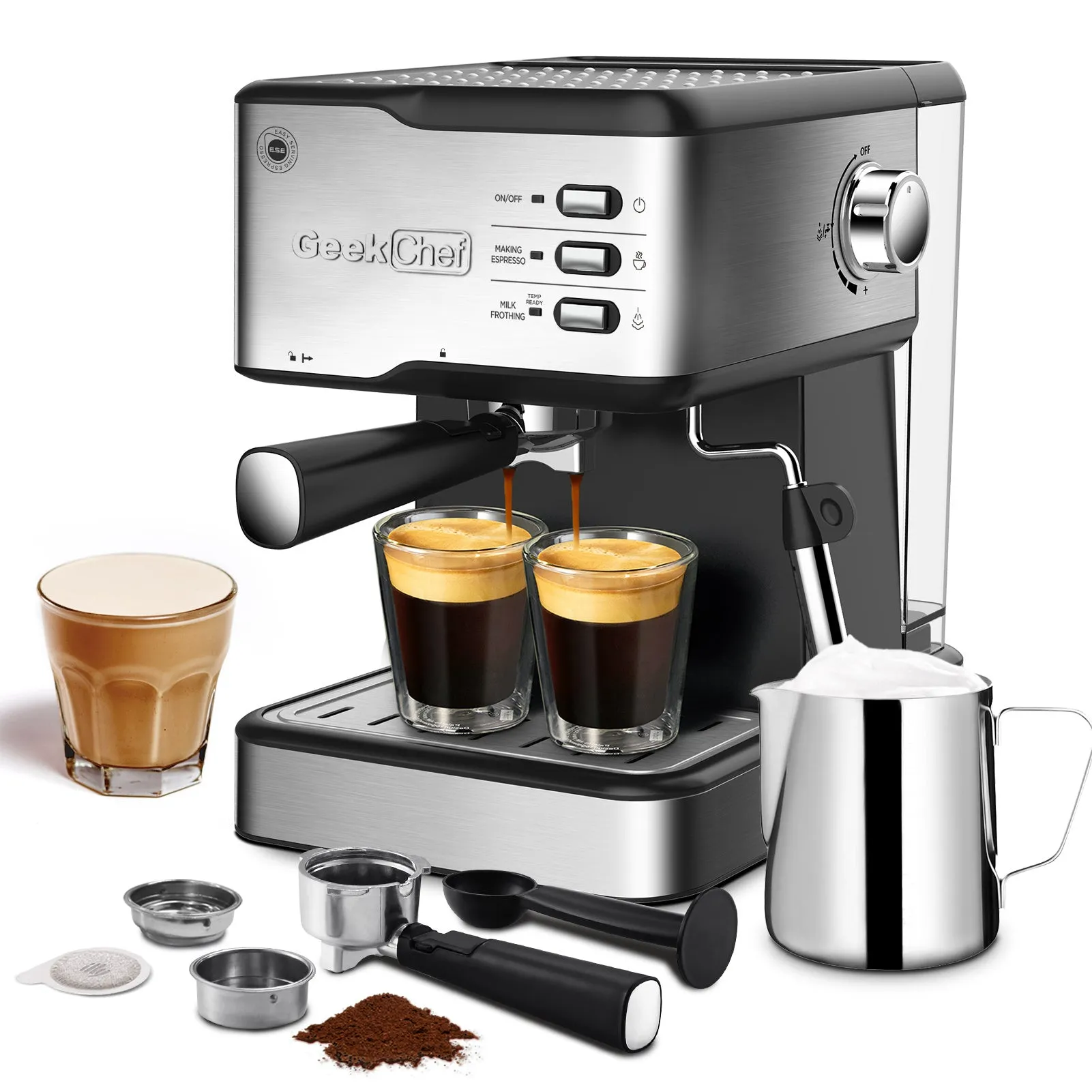 Geek Chef Espresso Machine | Espresso & Cappuccino Latte Maker 20 Bar Coffee Machine Compatible With ESE POD Capsules Filter & Milk Frother Steam Wand, 950W, 1.5L Water Tank