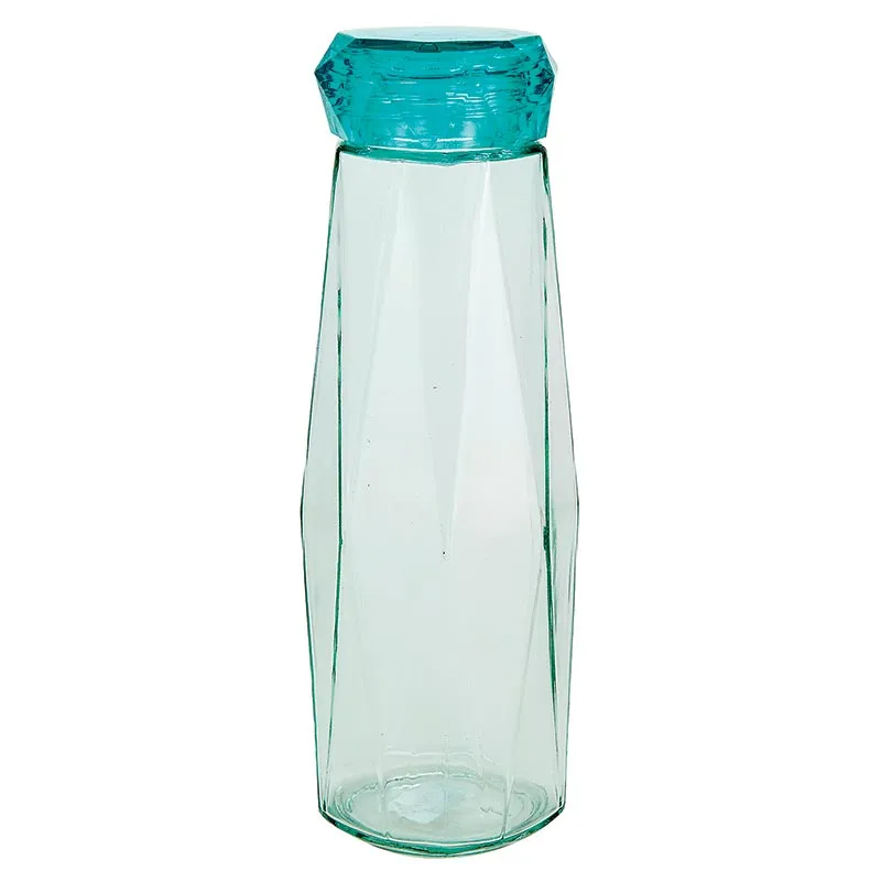 Glass Gem Water Bottle in Aqua Blue | 16 oz | Faceted Glass Diamond Shape