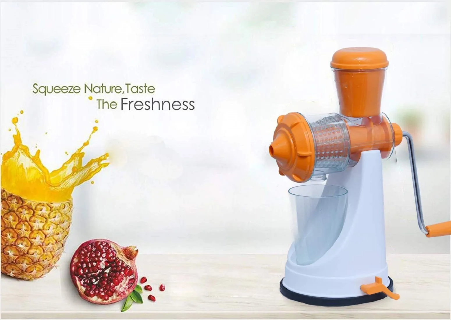 Heart Home Hand Juicer Machine for Home, Juice Maker Machine, Deluxe Fruit & Vegetable Manual Juicer with Vacuum Base Steel Handle(Orange) - HEART2343, Standard