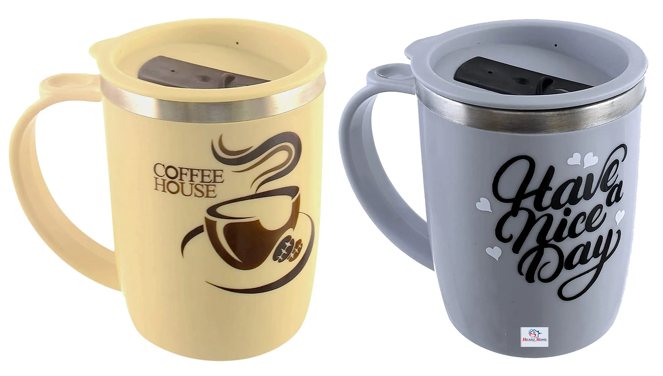 Heart Home Insulated BPA Free Plastic Coffee Mug with Lid, Pack of 2 (Grey & Coffee)