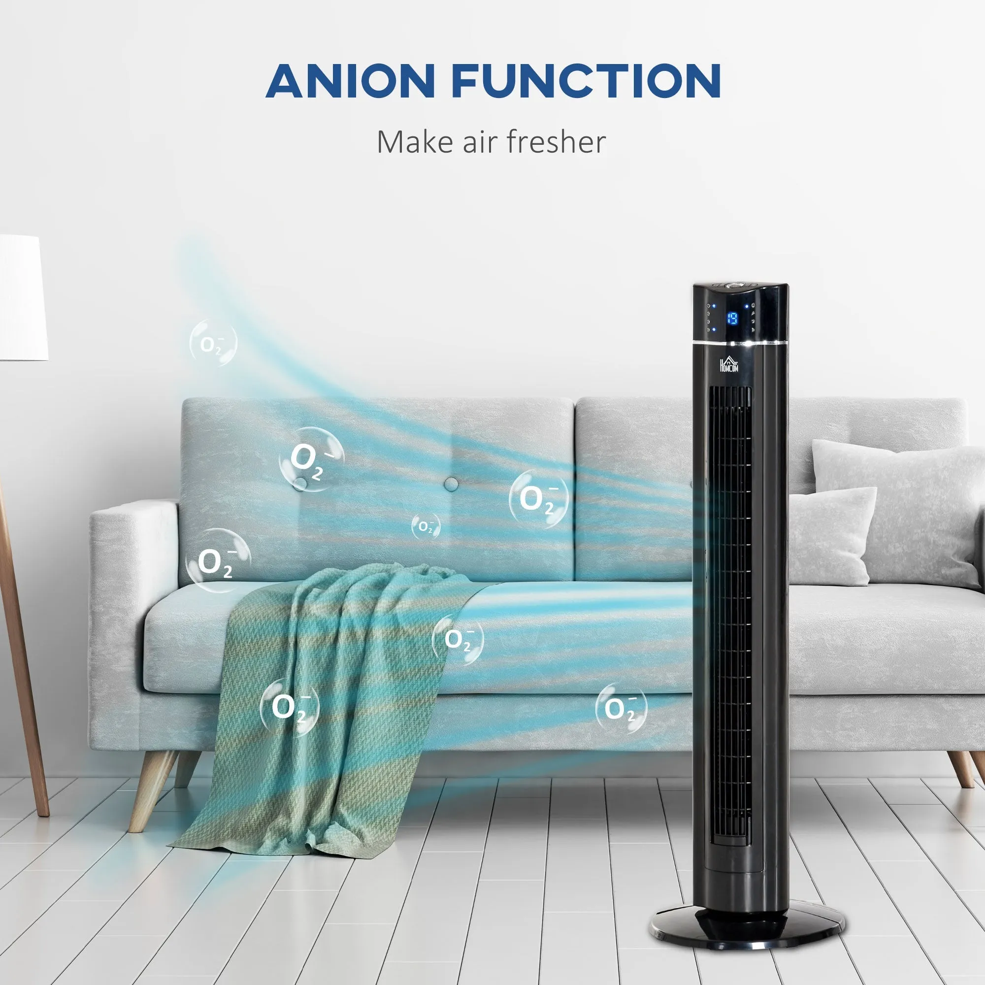 HOMCOM 42" Anion Tower Fan Cooling for Bedroom with 3 Speed, 8h Timer, Oscillating, LED Panel, Remote Controller, Black