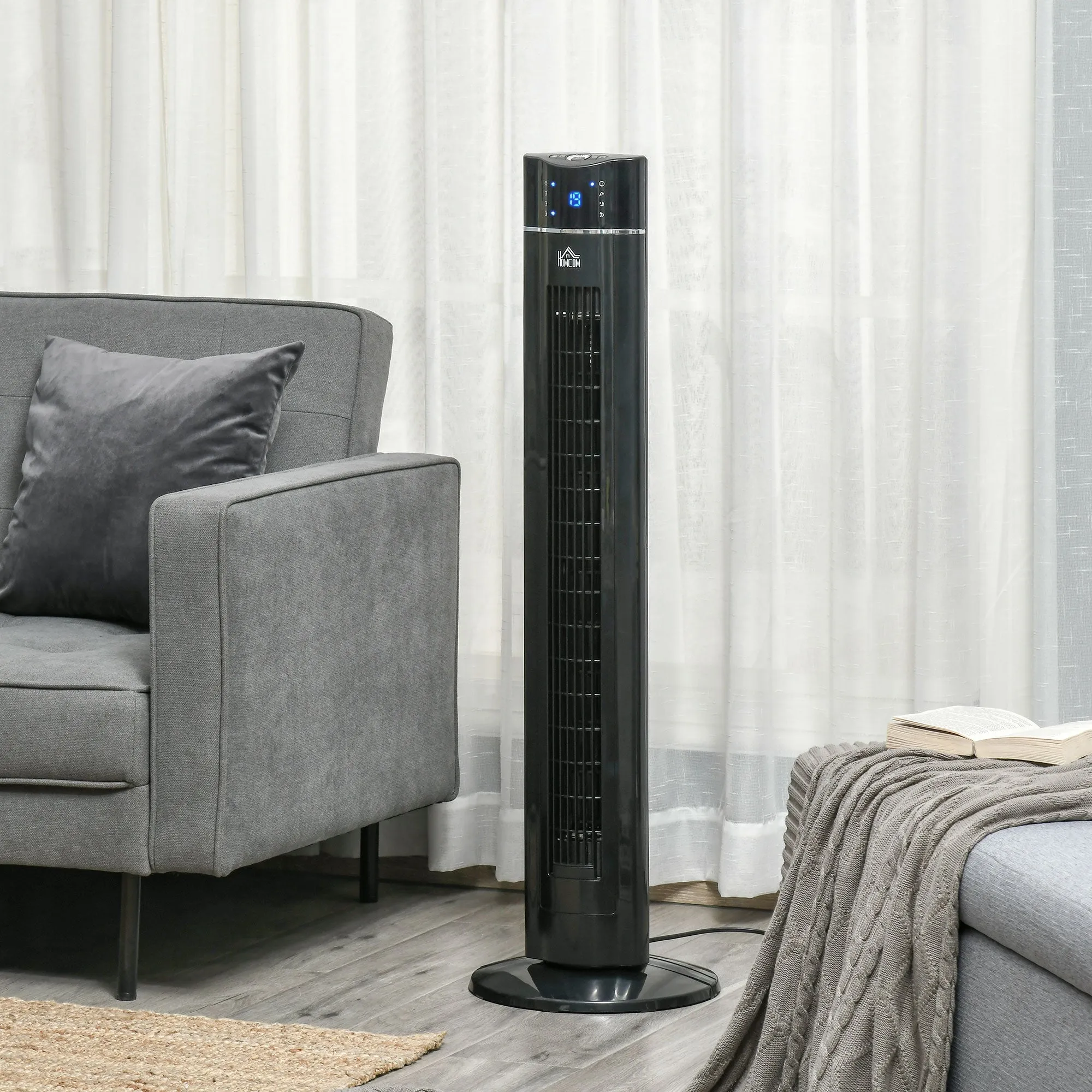 HOMCOM 42" Anion Tower Fan Cooling for Bedroom with 3 Speed, 8h Timer, Oscillating, LED Panel, Remote Controller, Black