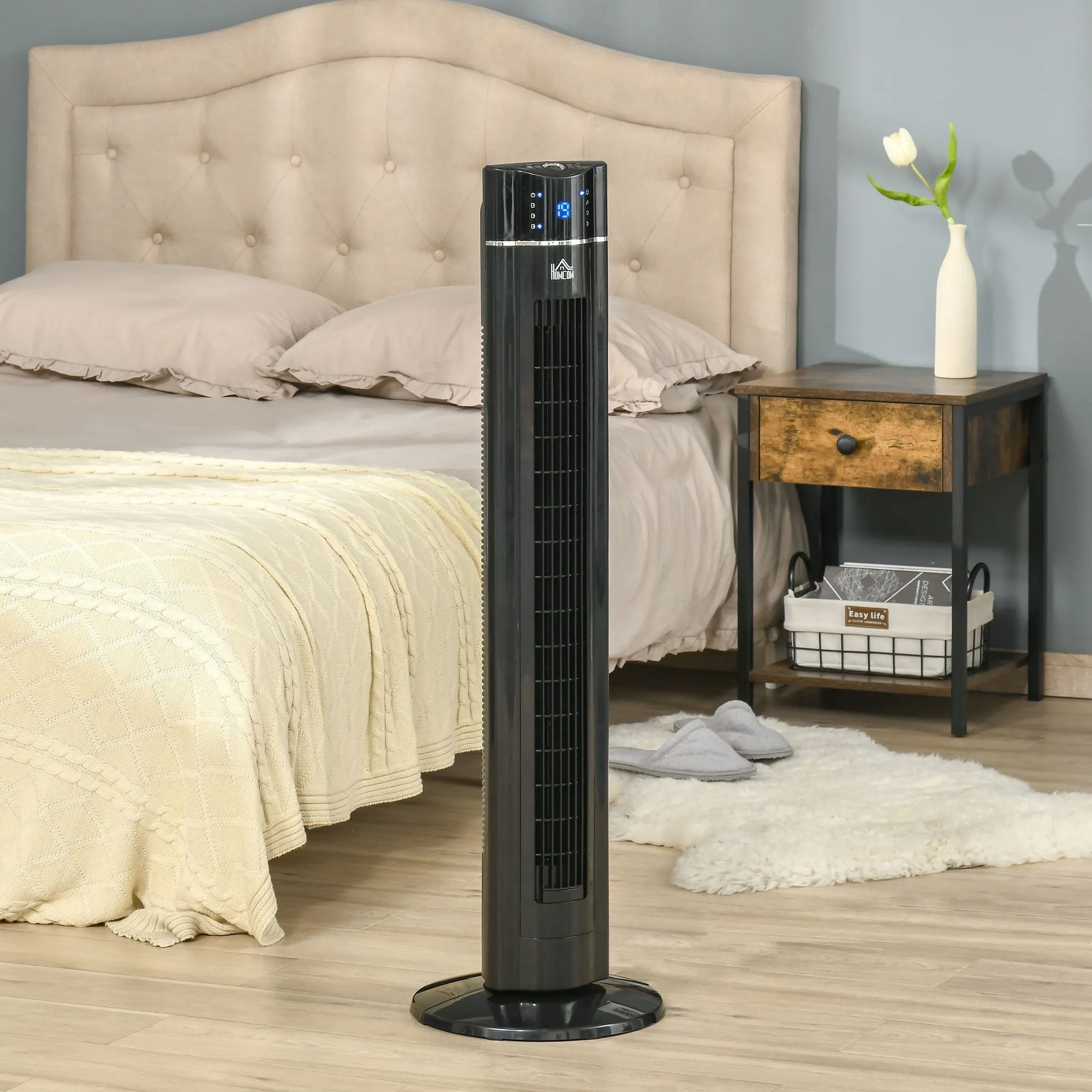 HOMCOM 42" Anion Tower Fan Cooling for Bedroom with 3 Speed, 8h Timer, Oscillating, LED Panel, Remote Controller, Black