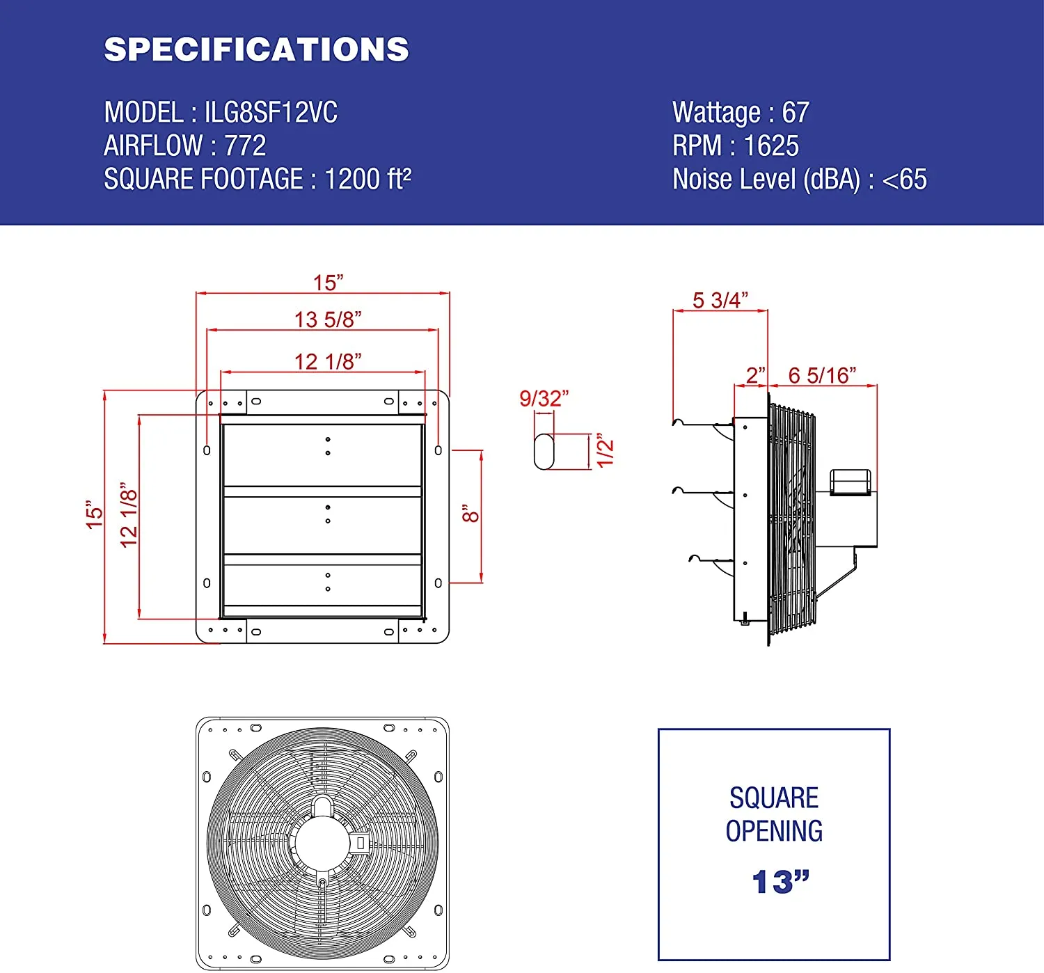 ILG8SF12VC - iLiving 12 Inch Smart Remote Shutter Exhaust Fan with Thermostat, Humidistat, Variable Speed, Timer, Wall Mounted, 12"