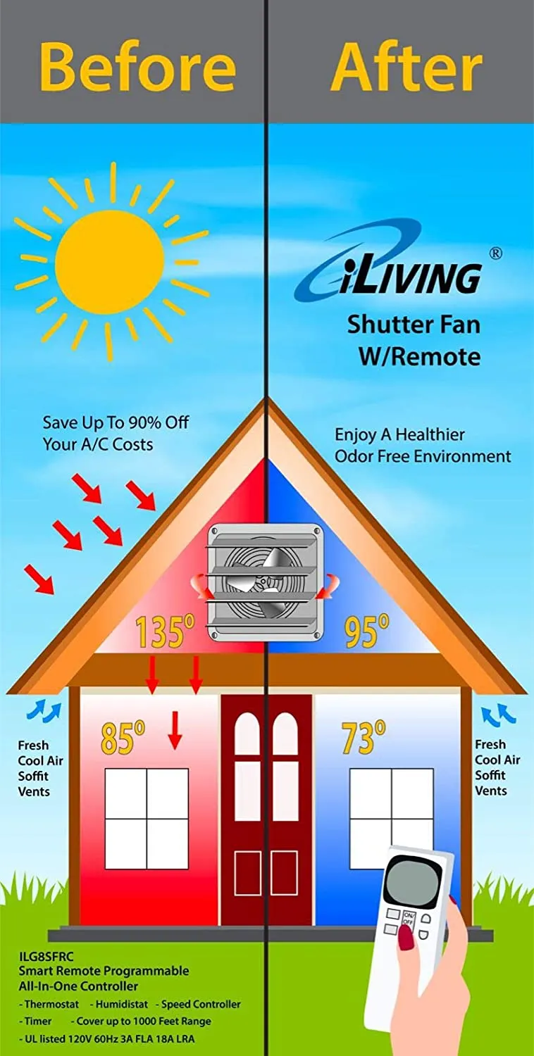 ILG8SF12VC - iLiving 12 Inch Smart Remote Shutter Exhaust Fan with Thermostat, Humidistat, Variable Speed, Timer, Wall Mounted, 12"