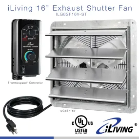 ILG8SF16V-ST - iLIVING 16" Wall Mounted Shutter Exhaust Fan, Automatic Shutter, with Thermostat and Variable Speed controller, 0.85A, 1200 CFM, 1800 SQF Coverage Area, Silver