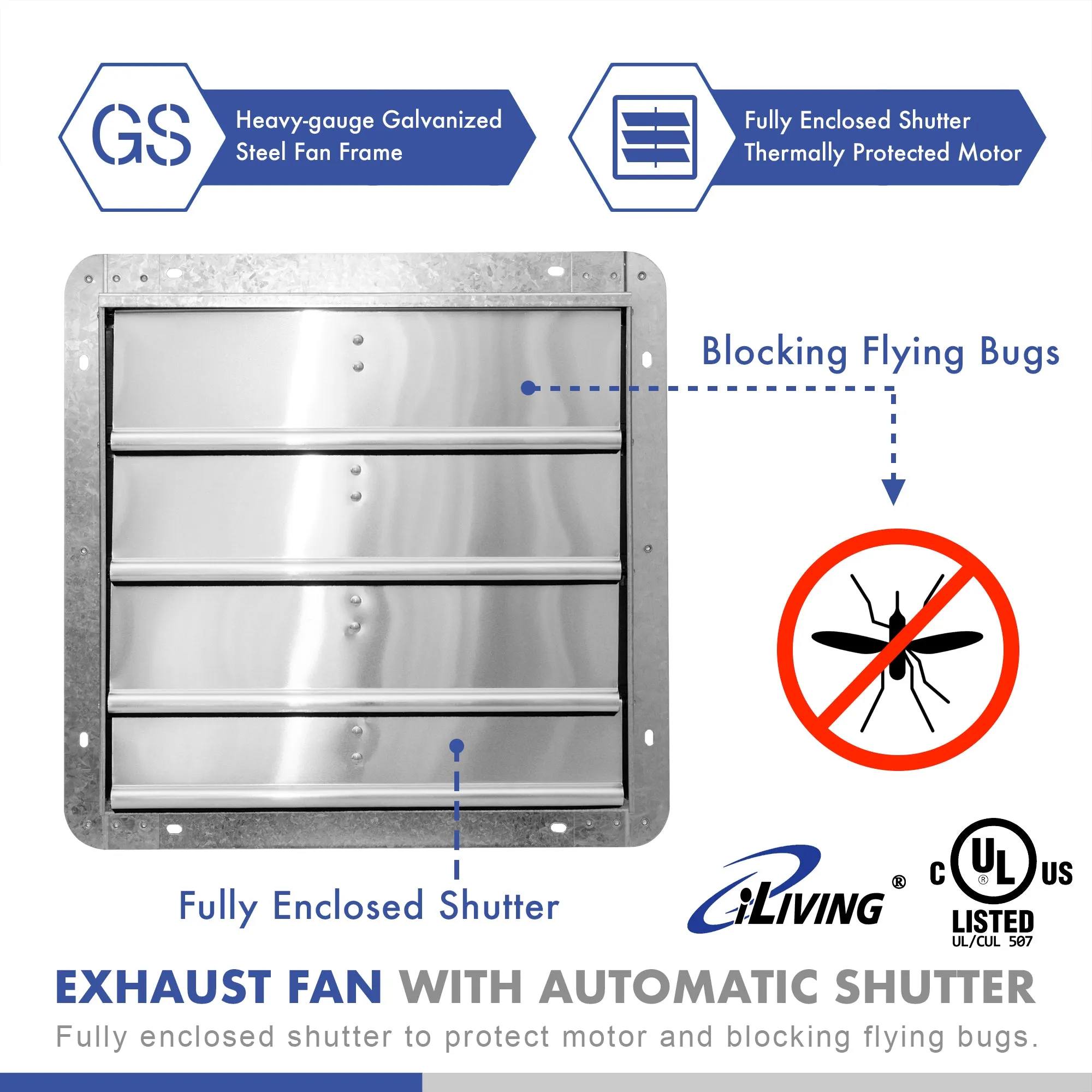 ILG8SF16V-ST - iLIVING 16" Wall Mounted Shutter Exhaust Fan, Automatic Shutter, with Thermostat and Variable Speed controller, 0.85A, 1200 CFM, 1800 SQF Coverage Area, Silver