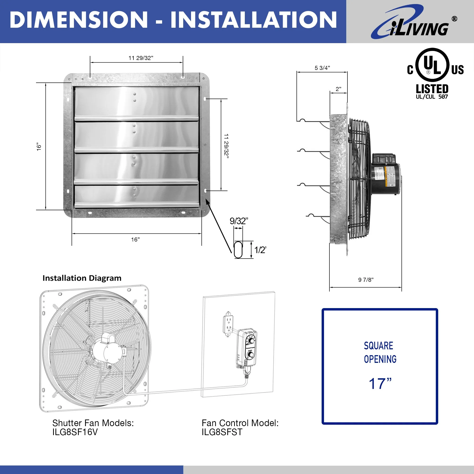 ILG8SF16V-ST - iLIVING 16" Wall Mounted Shutter Exhaust Fan, Automatic Shutter, with Thermostat and Variable Speed controller, 0.85A, 1200 CFM, 1800 SQF Coverage Area, Silver