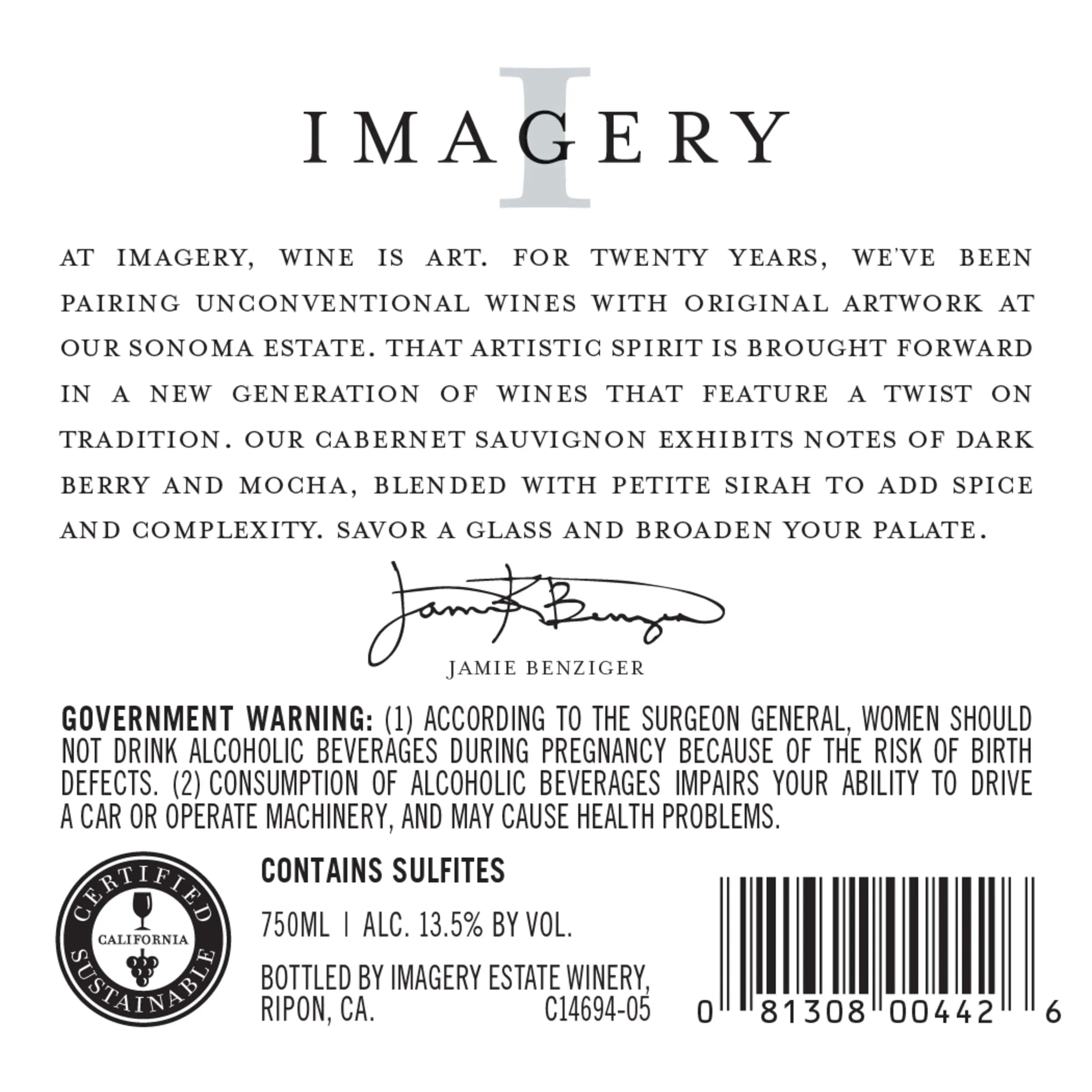 Imagery Cabernet Sauvignon California Red Wine, 750 ml Glass, ABV 14.30%