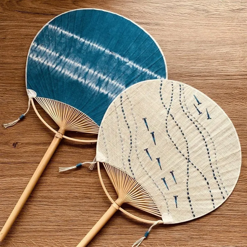 Indigo Paddle Hand Fan 【Blue Fish】