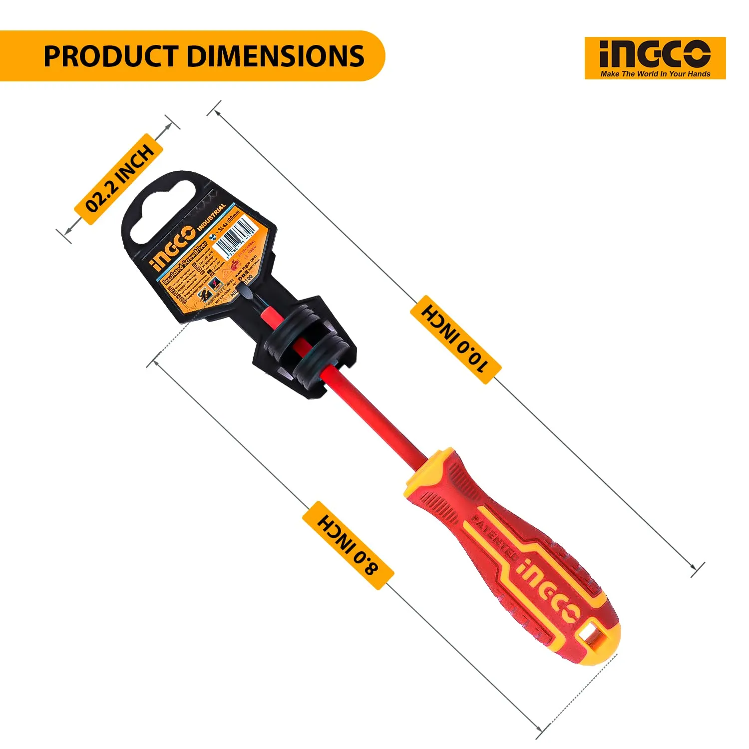 INGCO HISD81PH2100 Insulated Screwdriver 1/4 Inch Repair Tool Cushion Grip Handle Flat Head Tip for Home & Industrial Use Red/Yellow