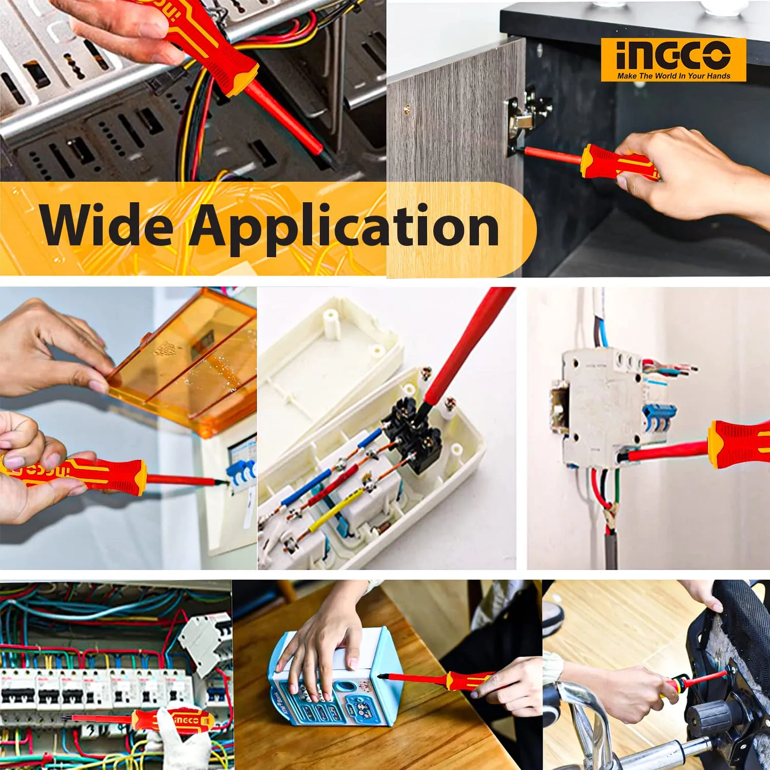 INGCO HISD81PH2100 Insulated Screwdriver 1/4 Inch Repair Tool Cushion Grip Handle Flat Head Tip for Home & Industrial Use Red/Yellow