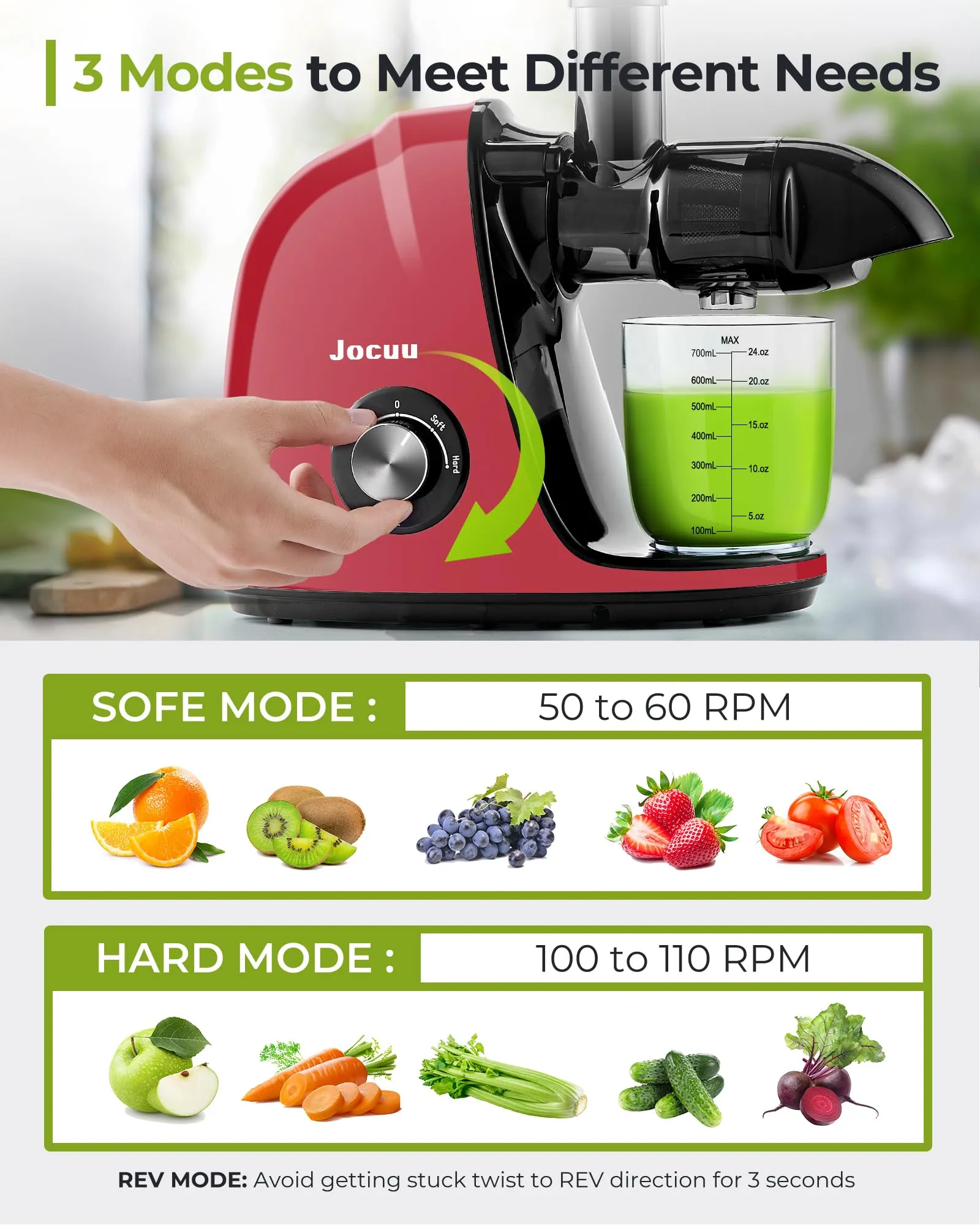 Jocuu Slow Masticating Juicer Cold Press Quiet Motor Reverse Function Easy