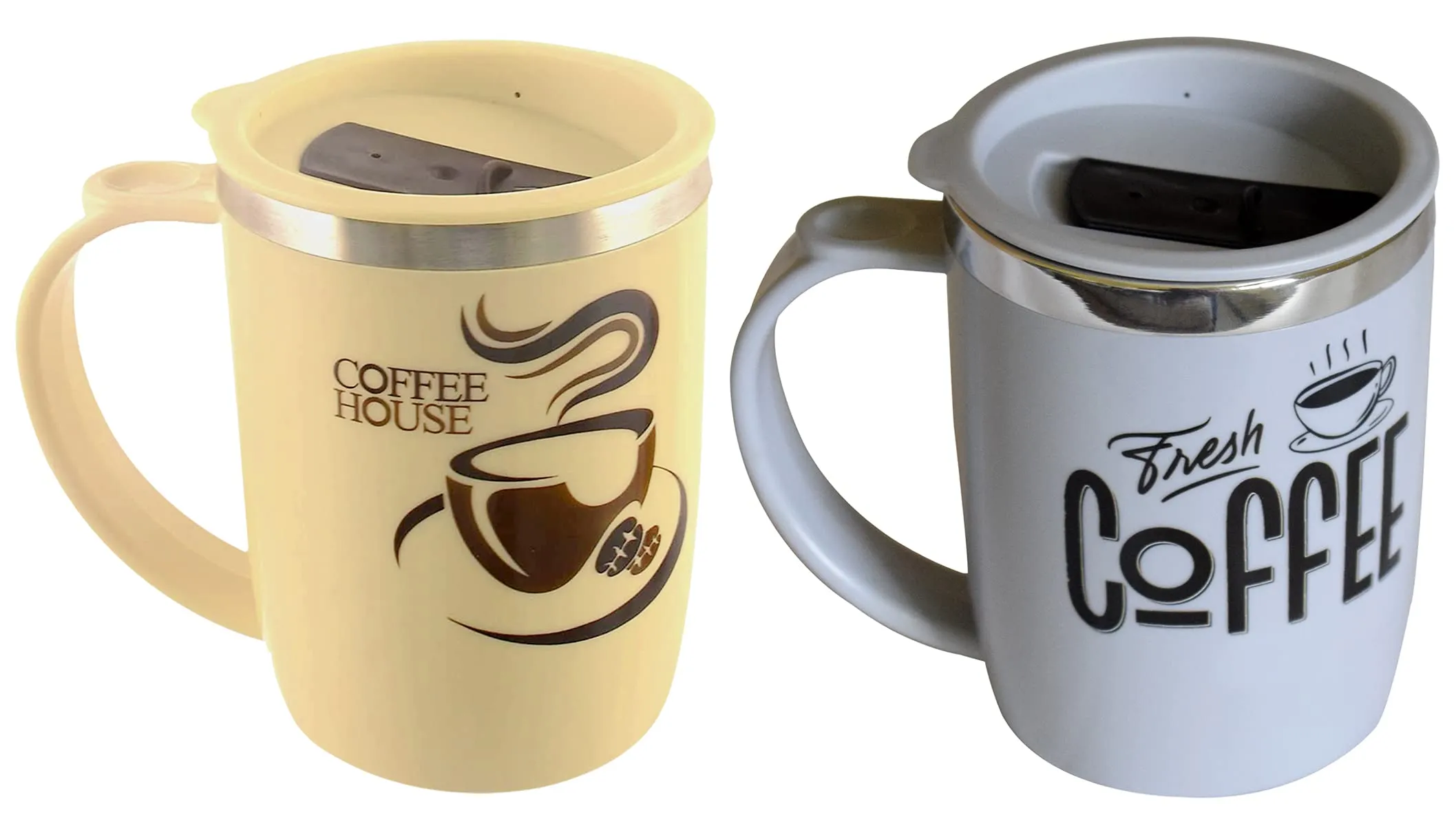 Kuber Industries Insulated BPA Free Plastic Coffee Mug with Lid, Pack of 2 (Grey & Coffee)