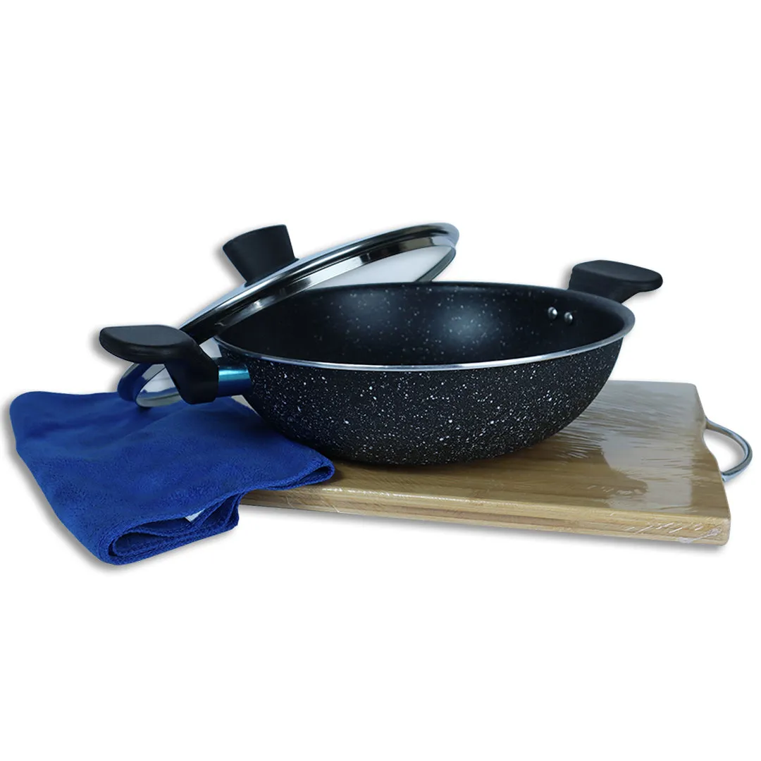 Marble Coated Wok (Karahi) with Glass Lid - Black