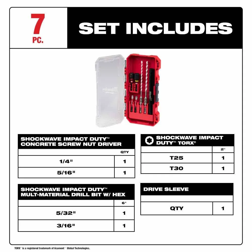 Milwaukee 48-20-8877 SHOCKWAVE Impact Duty Carbide Multi-Material Drill Bit Screw Install Set - 7PC