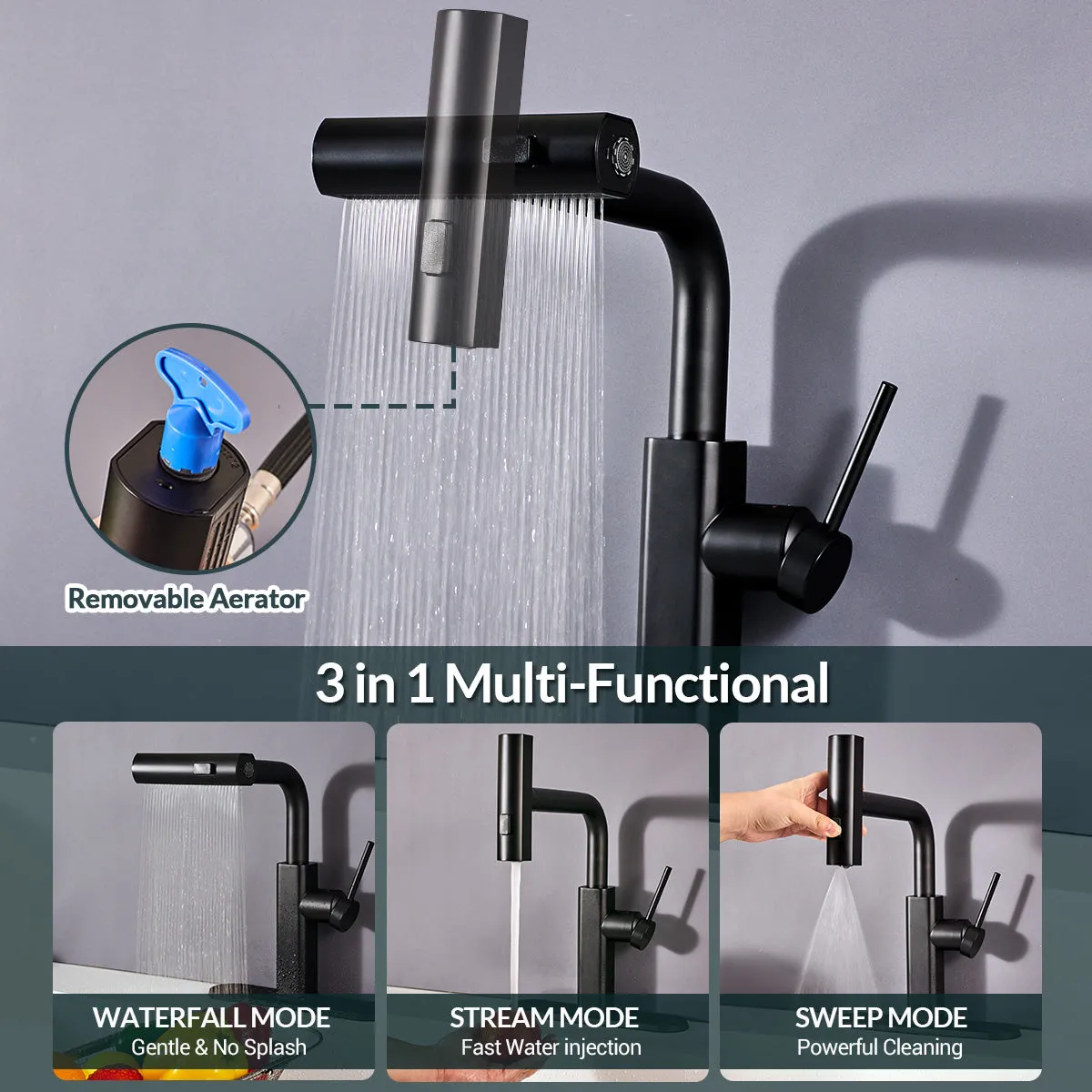 Modern Stainless Steel Kitchen Faucet with Pull-Out Sprayer 3 in 1 Flow Modes