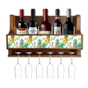 Nutcase Designer Wooden Wine Rack Gloss Holder, Teak Wood Wall Mounted Wine
 Cabinet , 5 bottle Hangers for 6 Wine Glasses -  Pineapple Garden