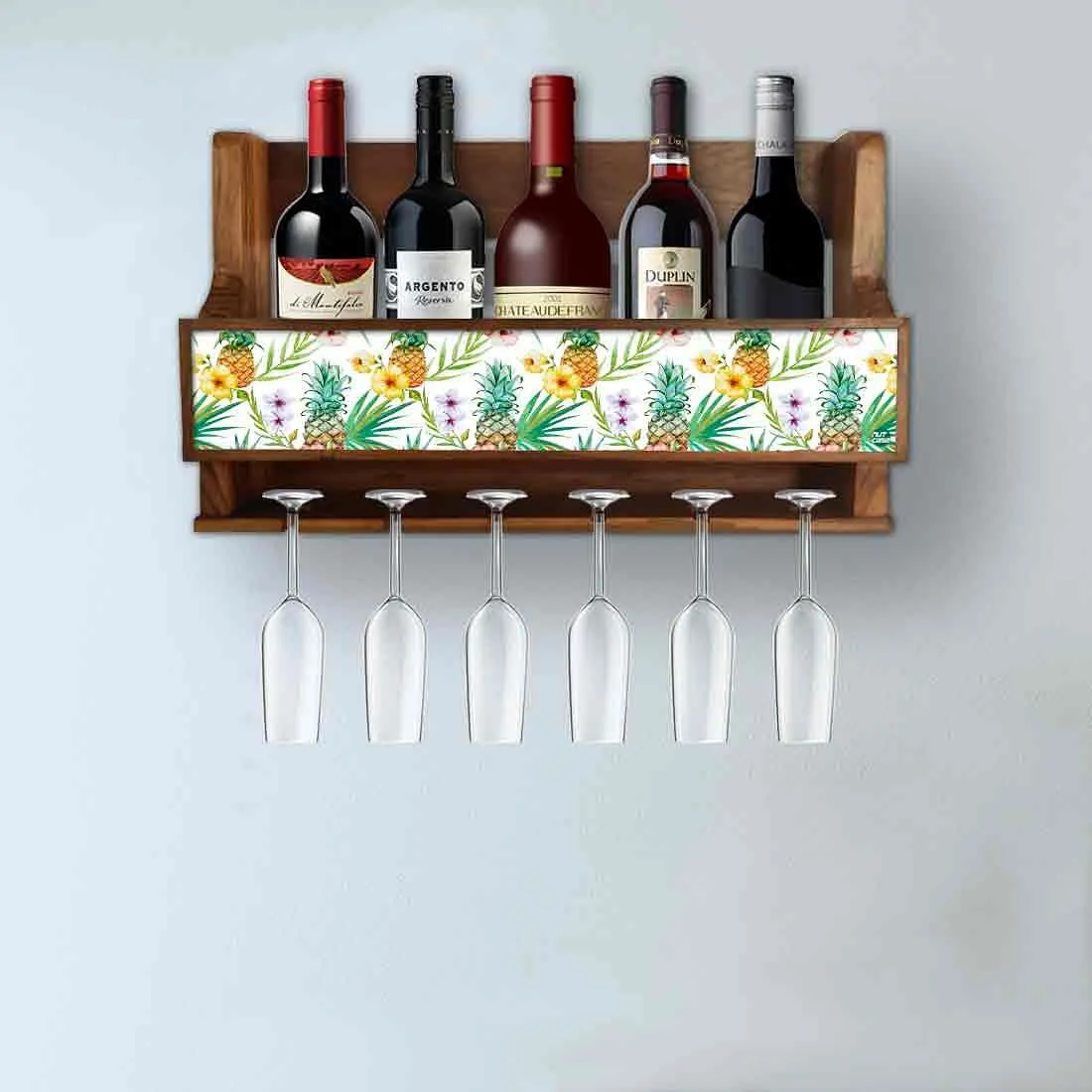 Nutcase Designer Wooden Wine Rack Gloss Holder, Teak Wood Wall Mounted Wine
 Cabinet , 5 bottle Hangers for 6 Wine Glasses -  Pineapple Garden