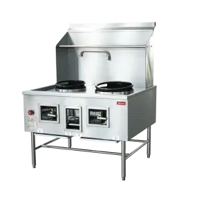 Omcan Two Chamber Wok Range with a 13   16" Ring, Backsplash, Faucet, Natural gas 220,000 BTU - 48413