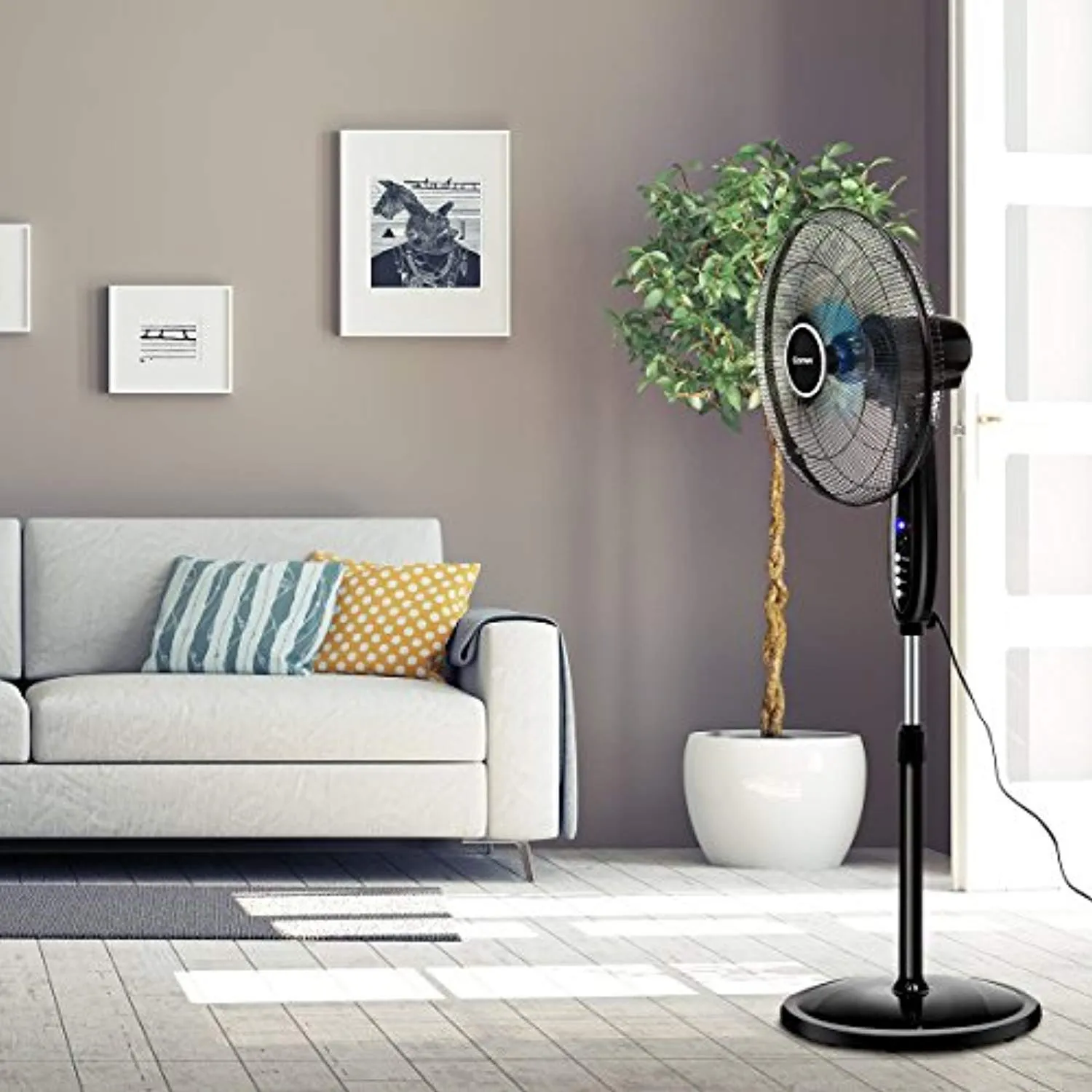 Oscillating Pedestal Fan w/Timer, LCD Display, Double Blades, Remote Control