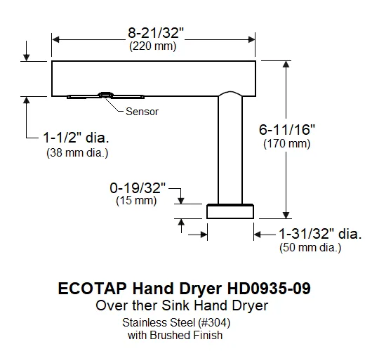 PALMER FIXTURE EcoTap HAND DRYER HD0935-09 Ultra Series - Automatic Deck-Mounted Stainless Steel Hand Dryer at Sink