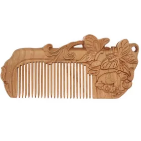 Peachwood Carved Flowers and Butterflies Seamless Pocket Hair Comb